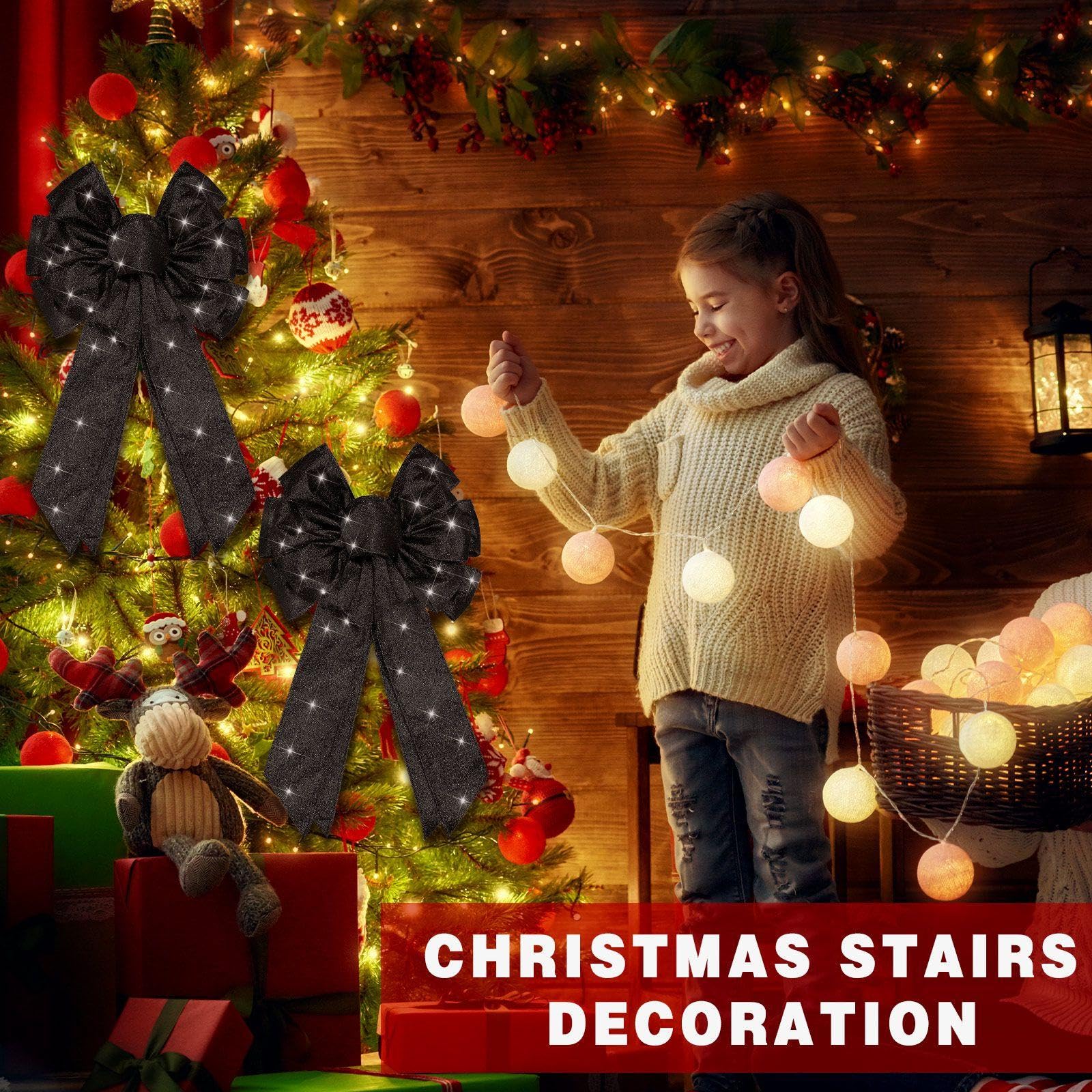 Giegxin 2 Pcs Large Black Lighted Christmas Bows with Lights for Wreath and Tree Topper, 18x10 Inch Pre Lit Black Wreath Bow Lig