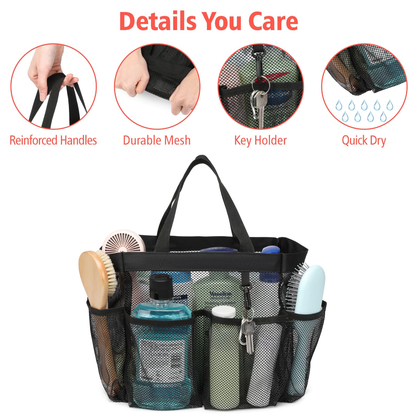 F-Color Mesh Shower Caddy Portable, Upgrade Deeper 7 Pockets Basket Bag Tote For College Dorm Room Toiletry Bathroom Essentials