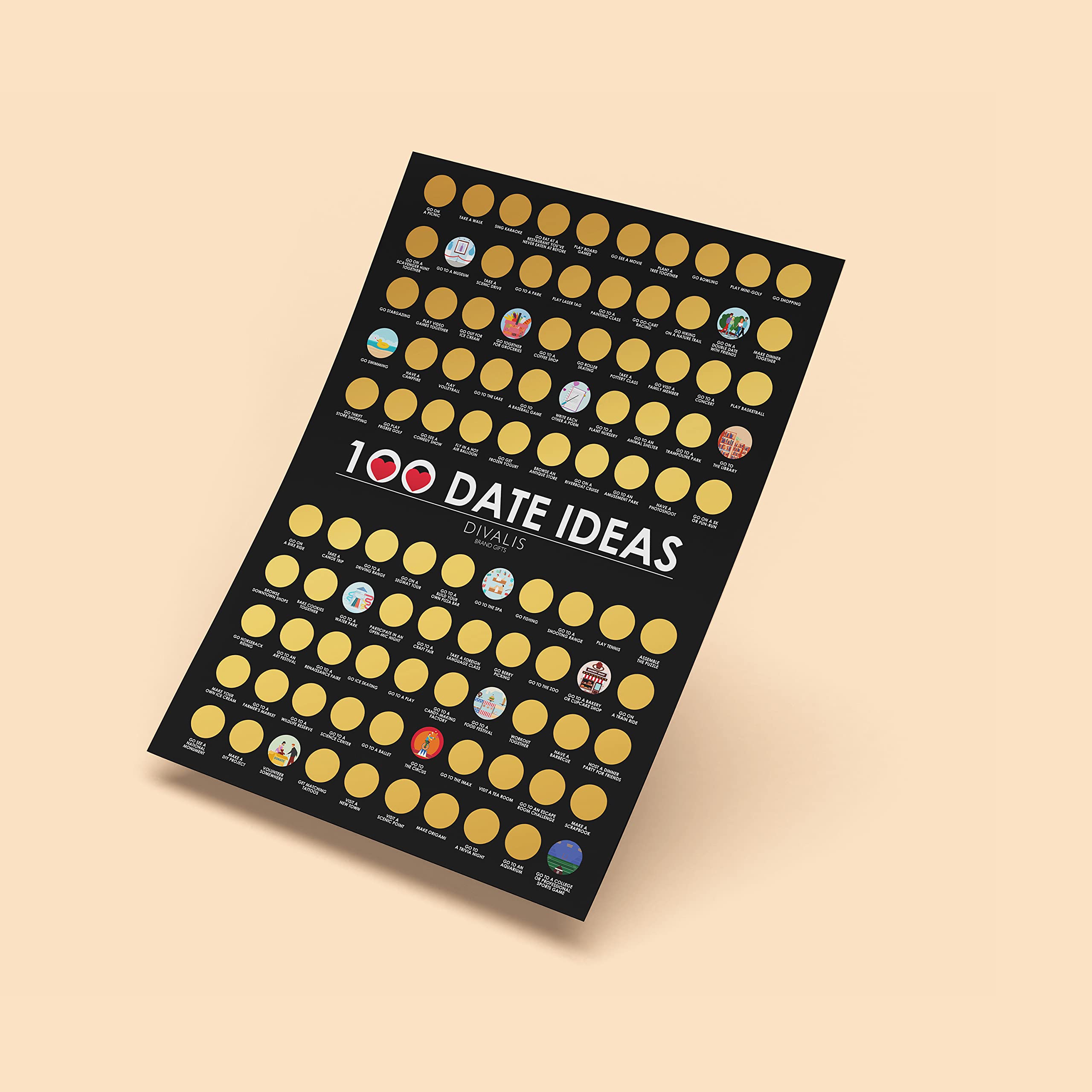 100 Dates Scratch Off Bucket List Poster - Large Scratching Poster For Adventure Couple - Things To Do Bucket List For Couple -