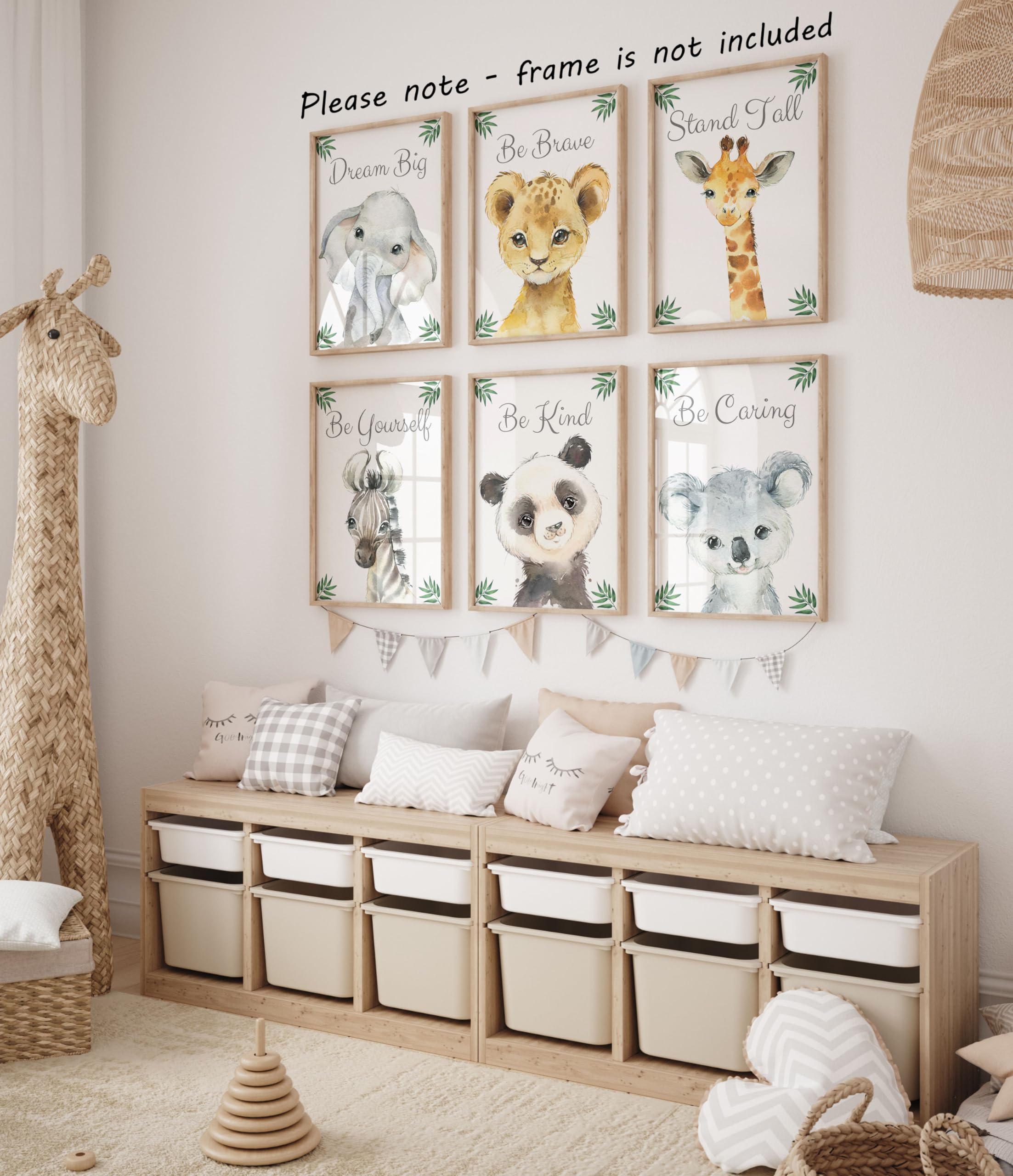 Baby Safari Animals For Girl Or Boy Nursery Bedroom, Set Of 6 Unframed Wall Art Prints, Jungle Leaves Quote Posters, Nursery Dec