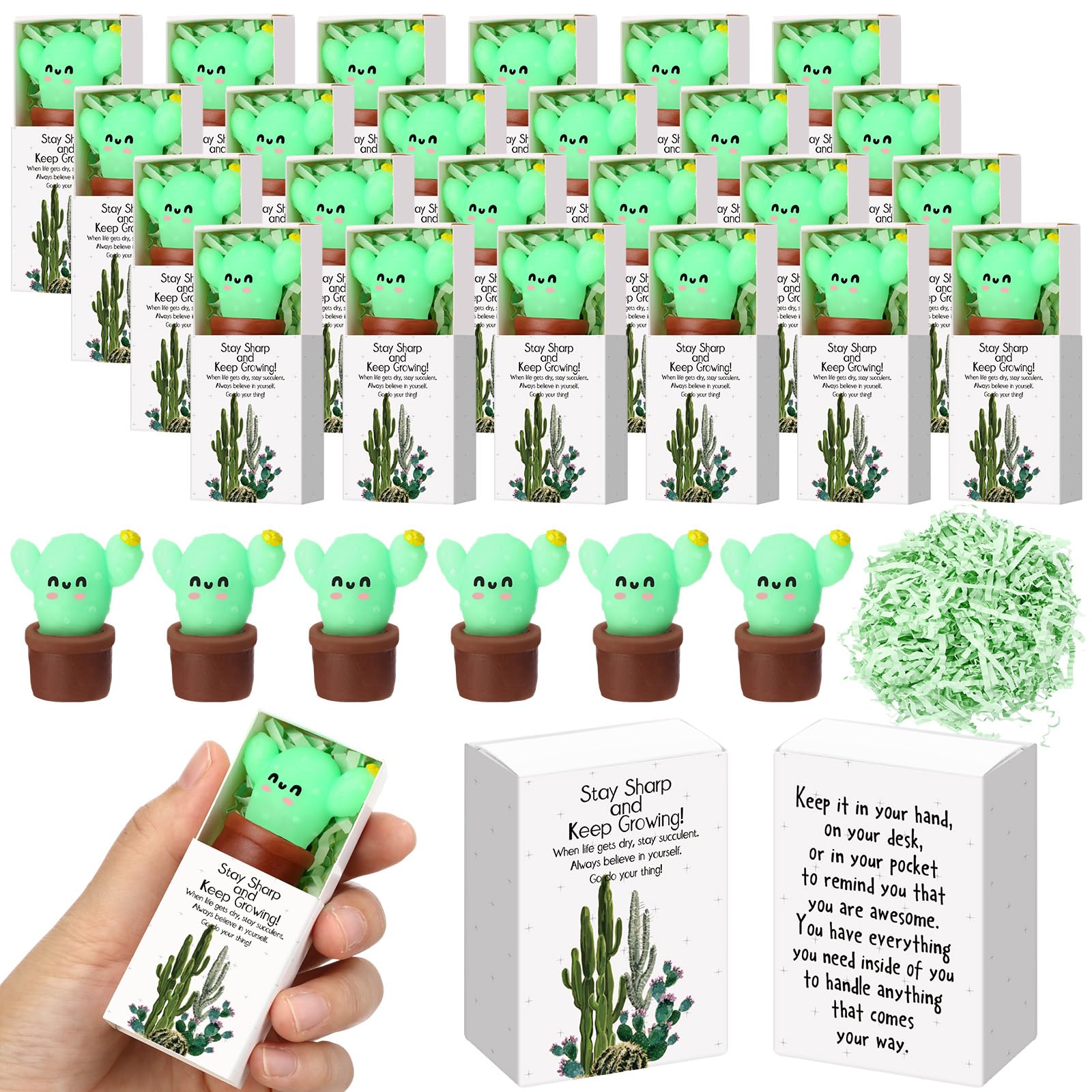 Wettarn 24 Sets Cactus Positive Gifts Cute Stress Balls with Support Gift Boxes Bulk Inspirational Party Favors for Employee Cow