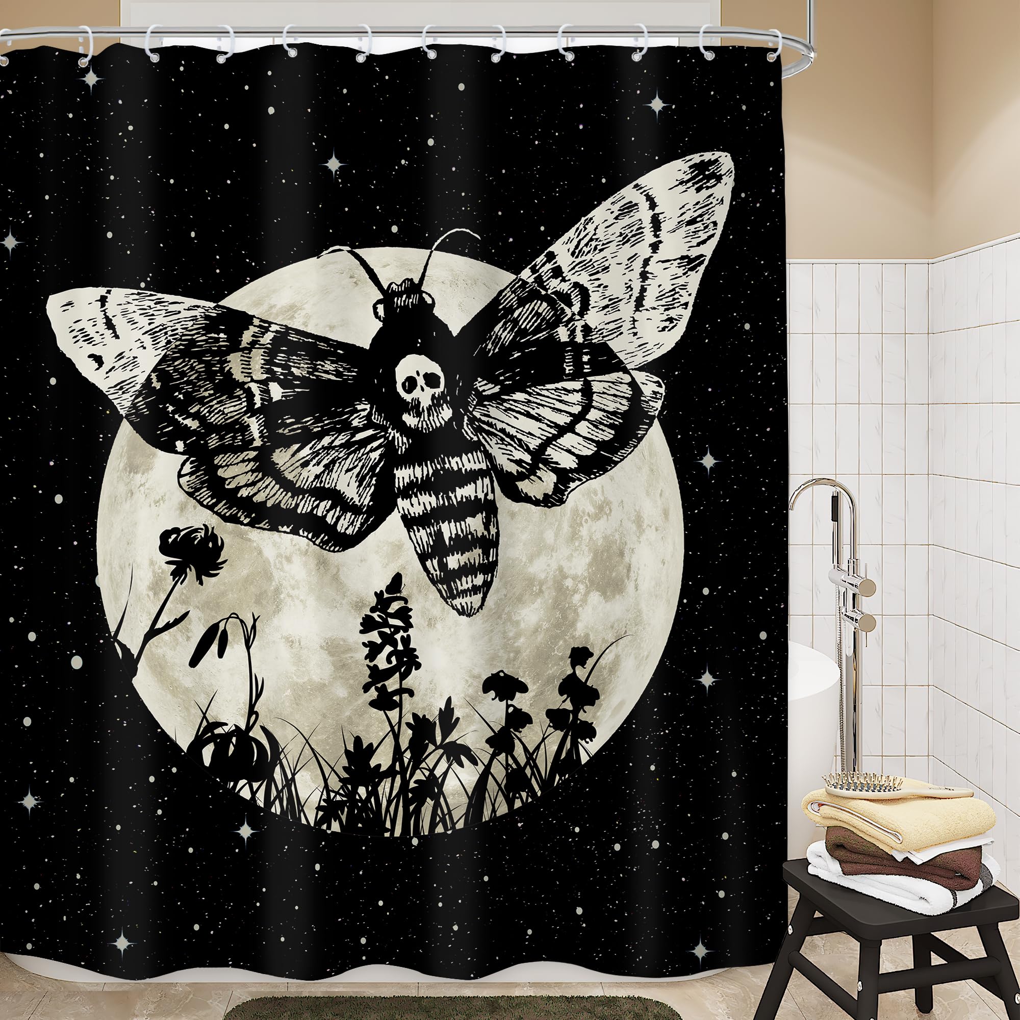 Lghtyro Gothic Skull Moth Shower Curtain Bathroom Set 60Wx71H Inches Mysterious Moon Stars Scary Black Floral Plant Leaves Bath