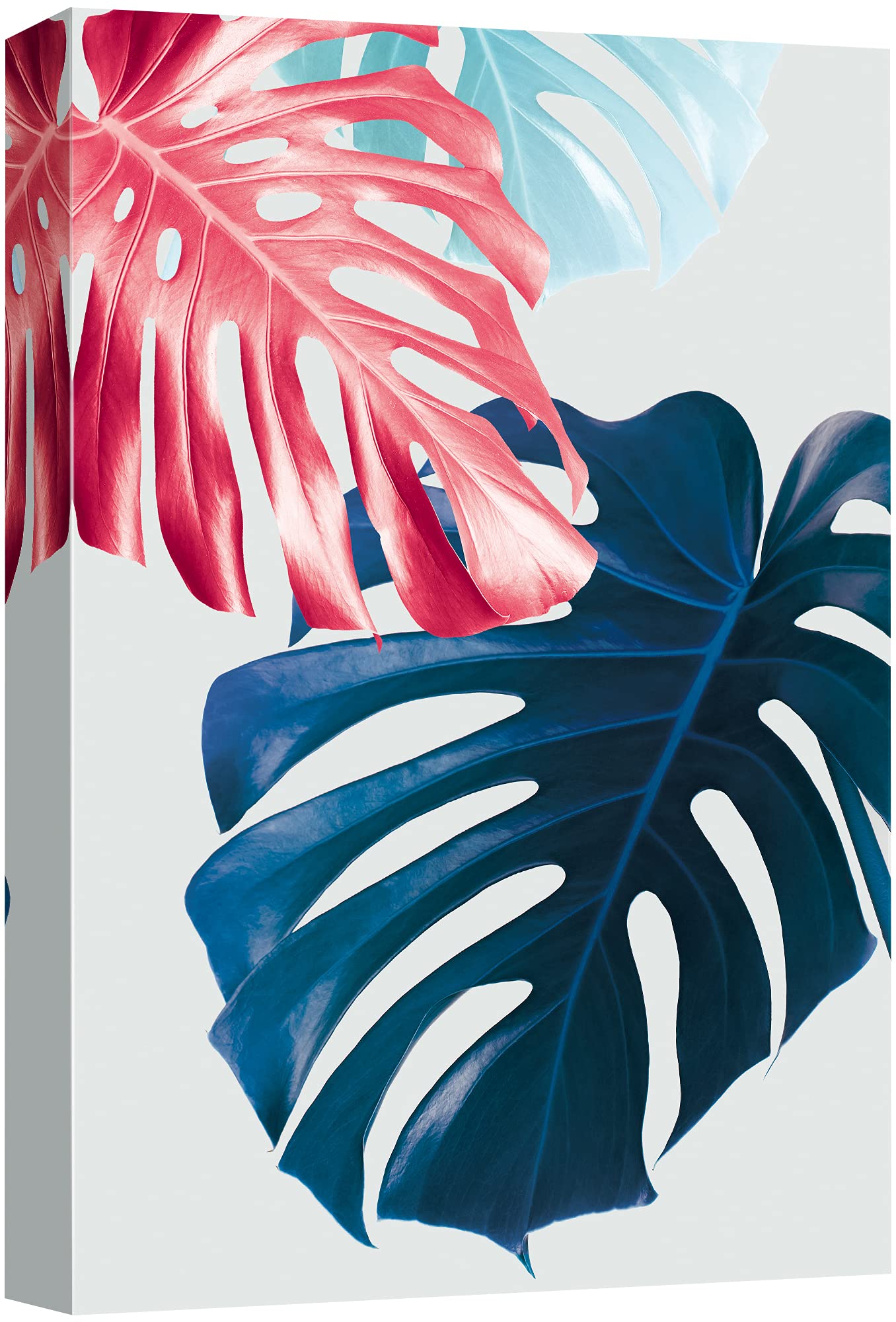 Nwt Canvas Print Wall Art Blue, Red & Teal Monstera Leaf Collage Floral Plants Illustrations Modern Art Tropical Closeup Colorfu