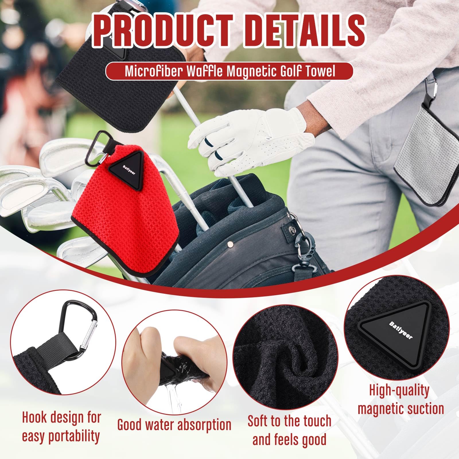 Batiyeer 3 Pack Small Magnetic Golf Towels Gift for Men 5.5 x 5.5 Inch Microfiber Waffle Material with Clip Pocket Golf Towel wi