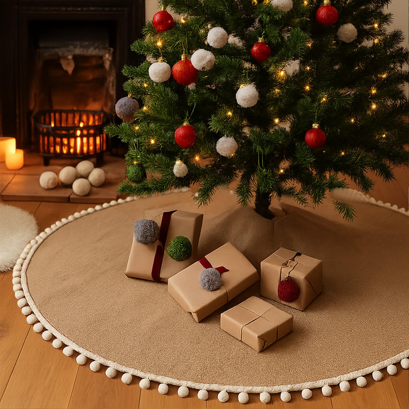 Syhood 60 Inch Large Christmas Tree Skirt Christmas Fall Linen Burlap Tree Skirt Base Cover with Pom Trim for Xmas Winter Home D