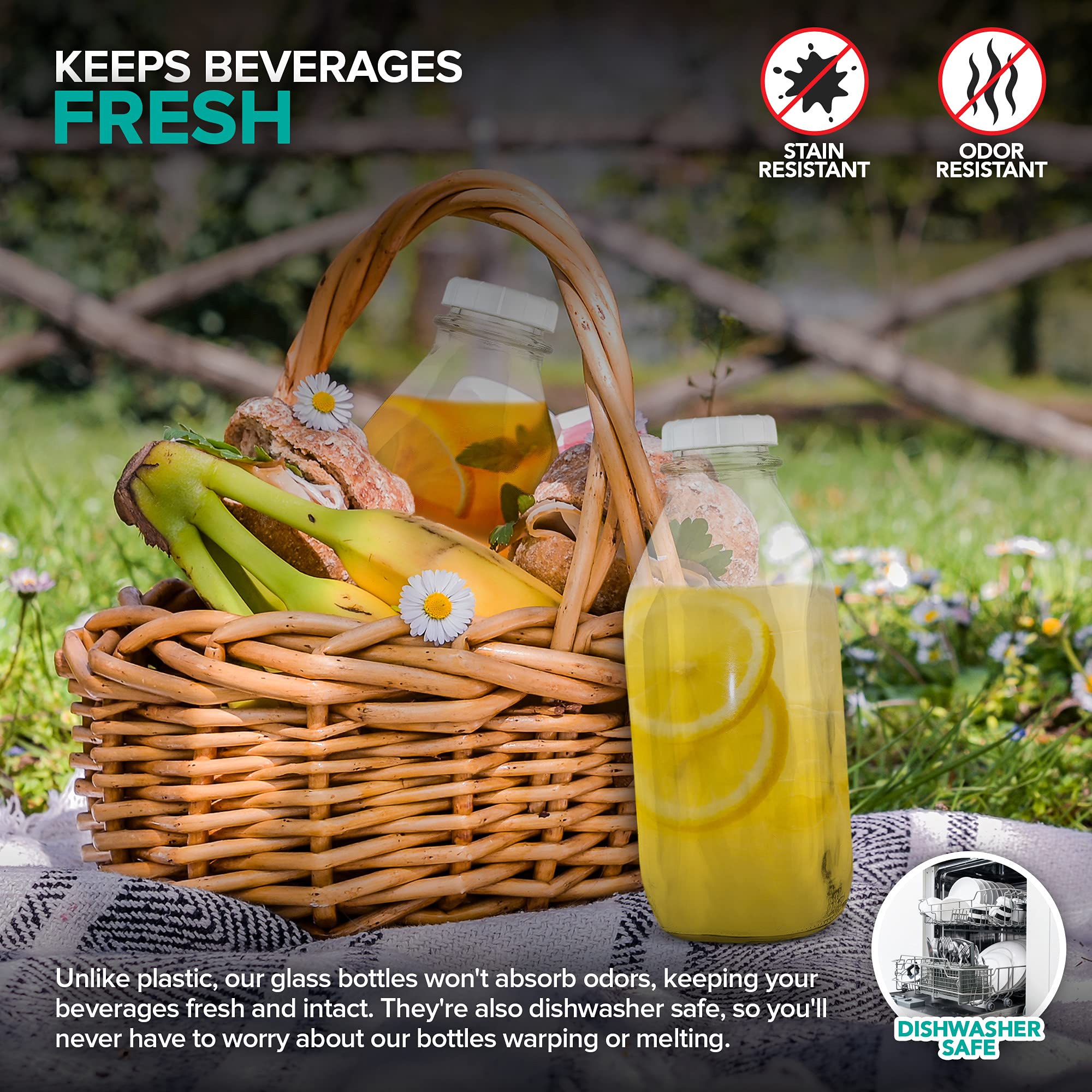 Stock Your Home Liter Glass Milk Bottle With Lid (4 Pack) 32 Oz Jugs And 8 White Caps, Reusable Food Grade Container For Refrige