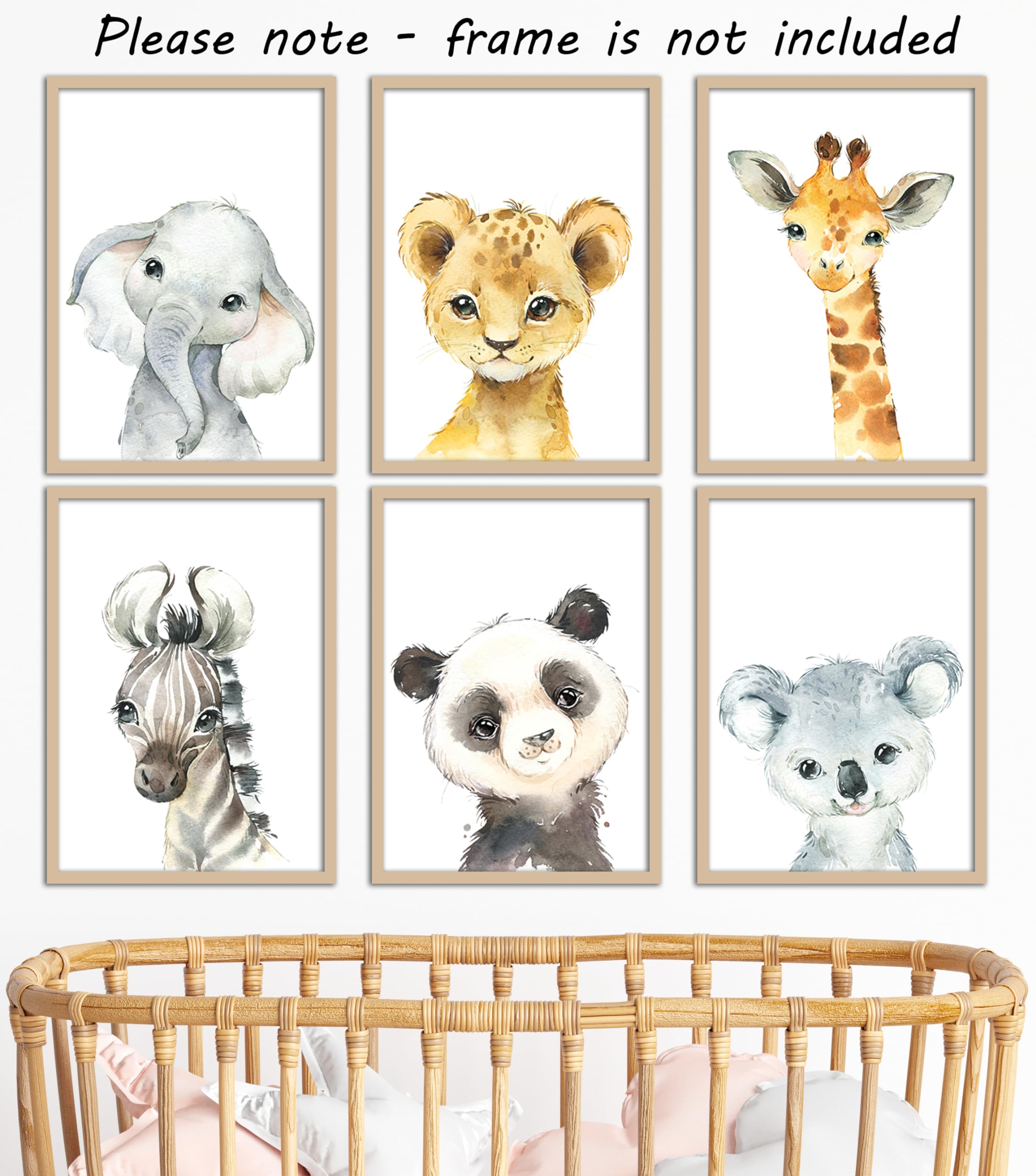 Baby Safari Animals For Girl Or Boy Nursery Bedroom, Set Of 6 Unframed Wall Art Prints, Nursery Decor Gift, Giraffe Elephant Lio