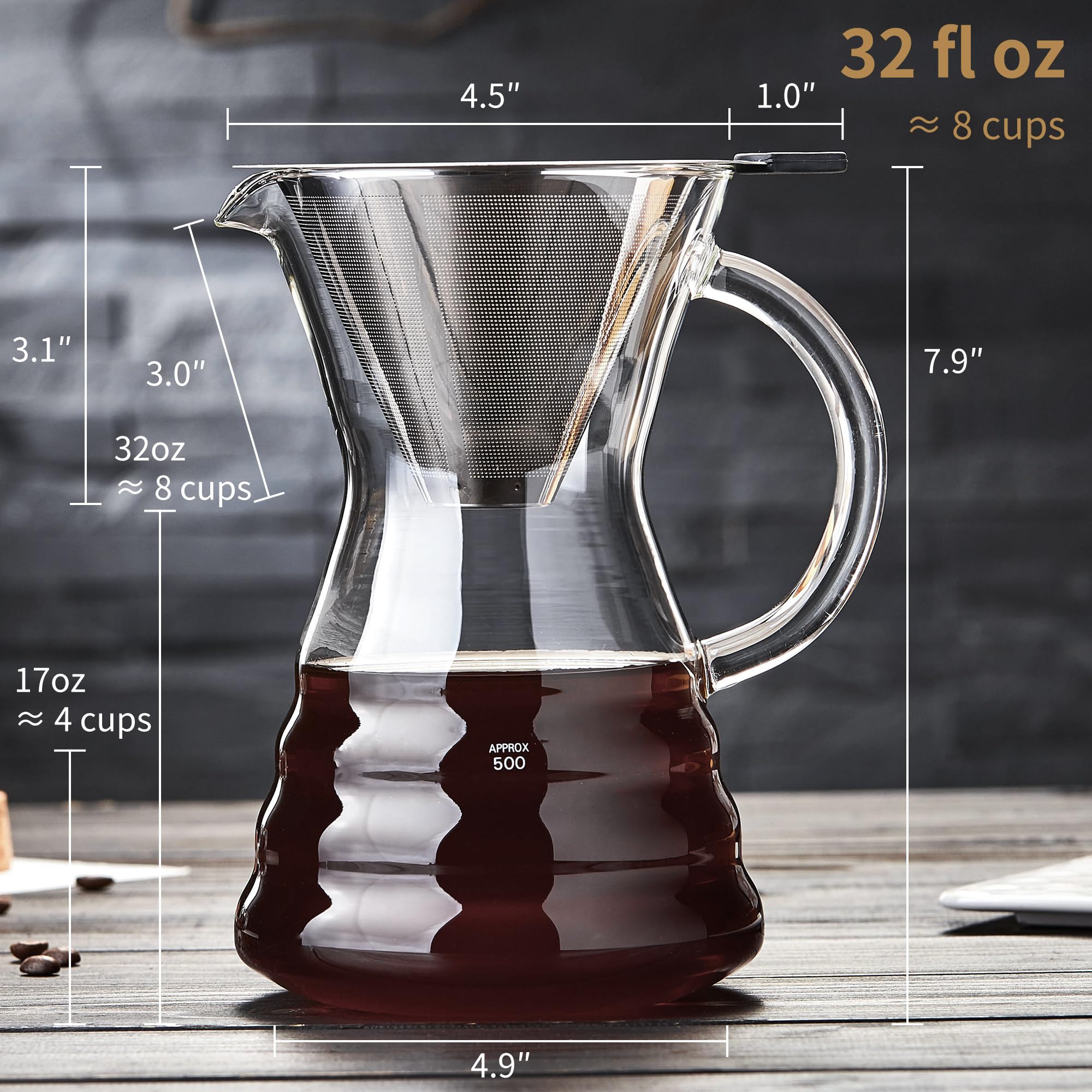 Unbreakable Pour Over Coffee Maker With Permanent Stainless Filter 8 Cup, Thickened Heat-Resistant Borosilicate Glass Dripper Co