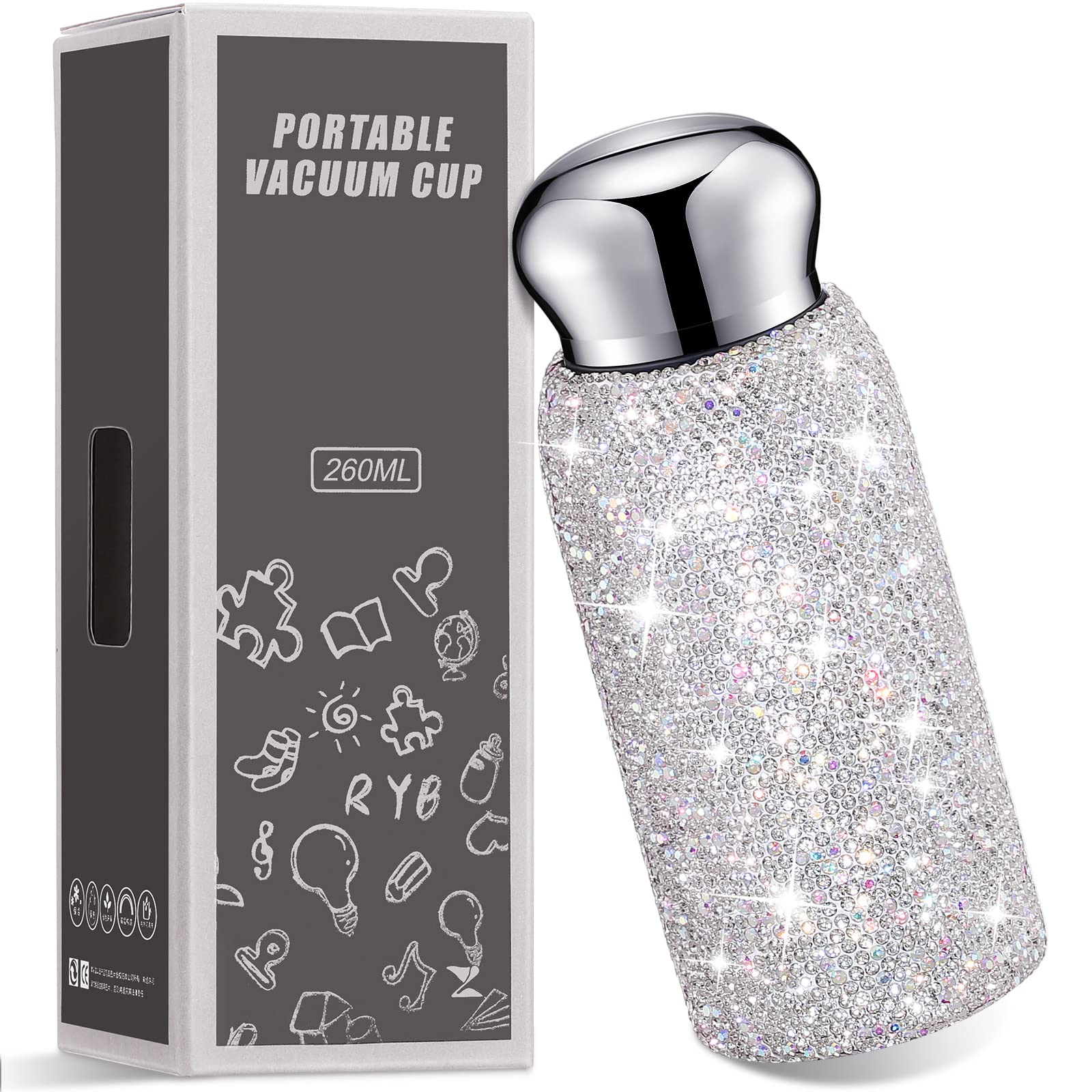 Vesici Rhinestone Water Bottle, Bling Diamond Water Bottle Christmas Gifts For Women Stainless Steel Thermal Bottle Refillable I