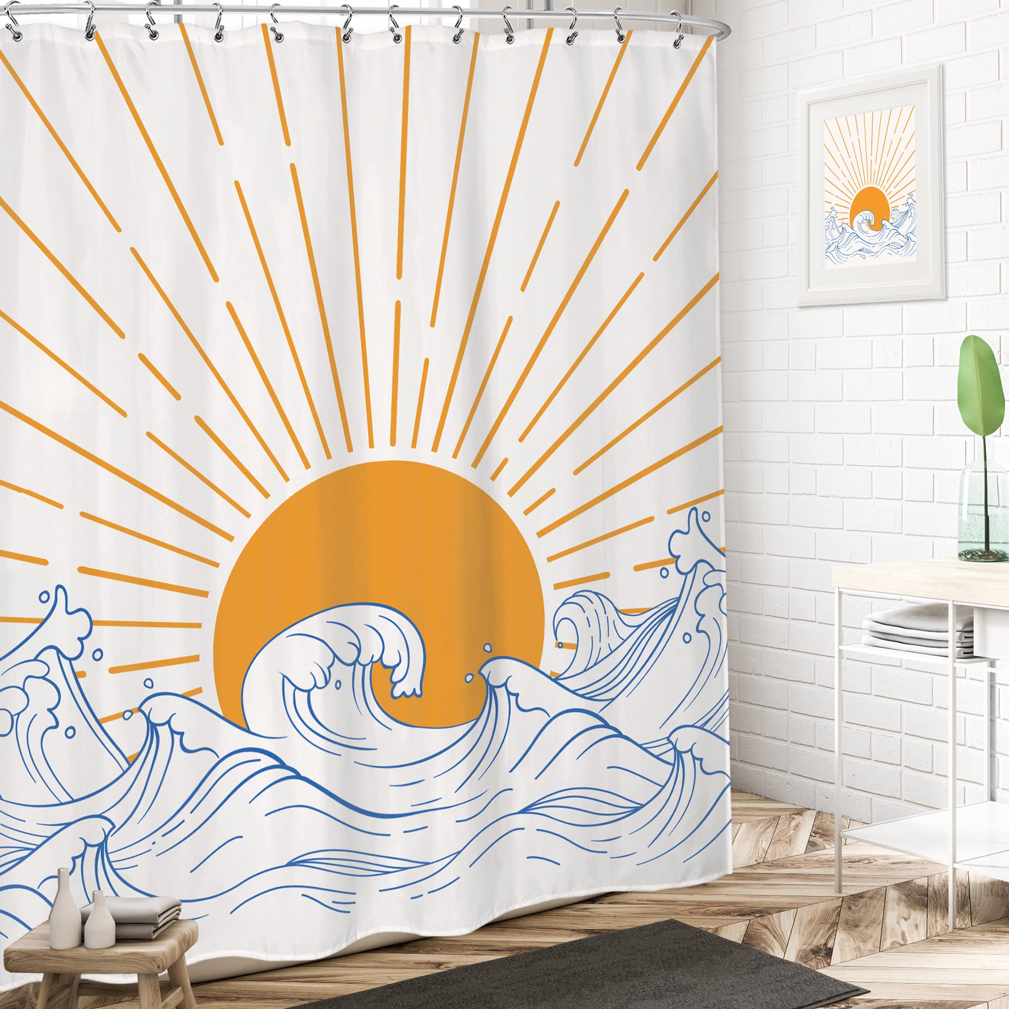 LIGHTINHOME Abstract Sun Waves Shower Curtain 72Wx72H Inches Retro Sunrise Sunset Japanese Kanagawa Wave Sea Mid Century Modern Simple Minimalist Bathroom Home Decor Set with 12 Hooks