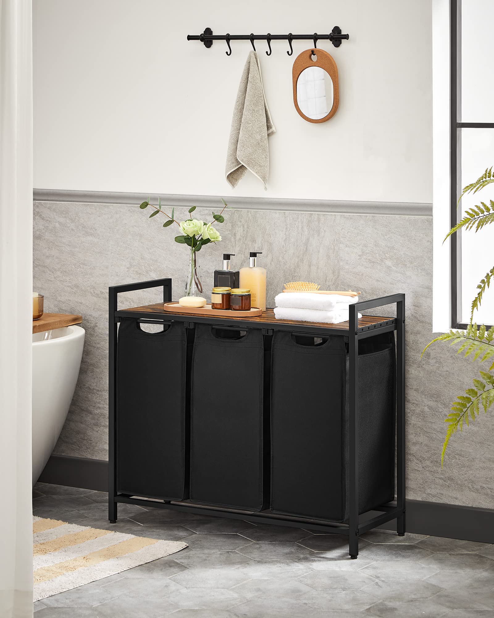 Vasagle Laundry Hamper, Laundry Basket, Laundry Sorter With 3 Pull-Out And Removable Bags, Shelf, Metal Frame, 3 X 10 Gallons (3