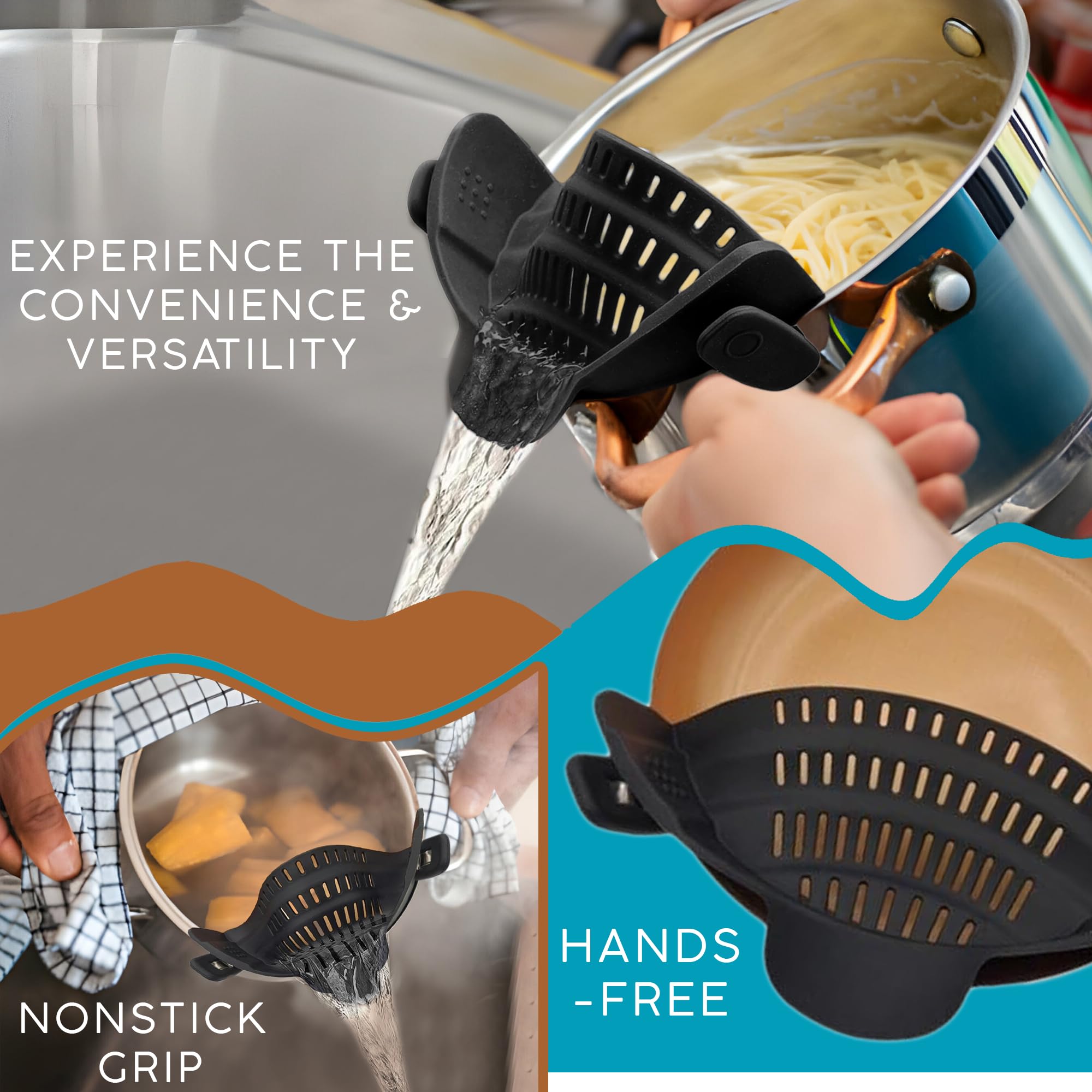 Gottahaveit | Clip On Strainer - Snap On Pot Drainer For Pan And Pots, Essential Home Cooking Tool. Black