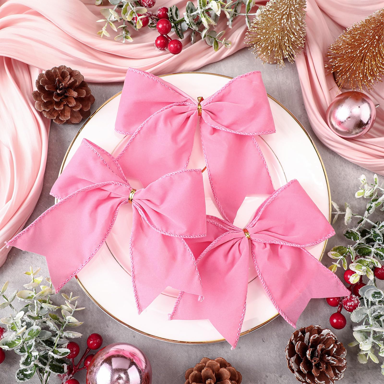 Janinka 12 Pcs Pink Christmas Velvet Bows 6 Inch Rustic Wreath Gift Bows Vintage Xmas Velvet Ribbon Bow Ornaments for Xmas Farmh