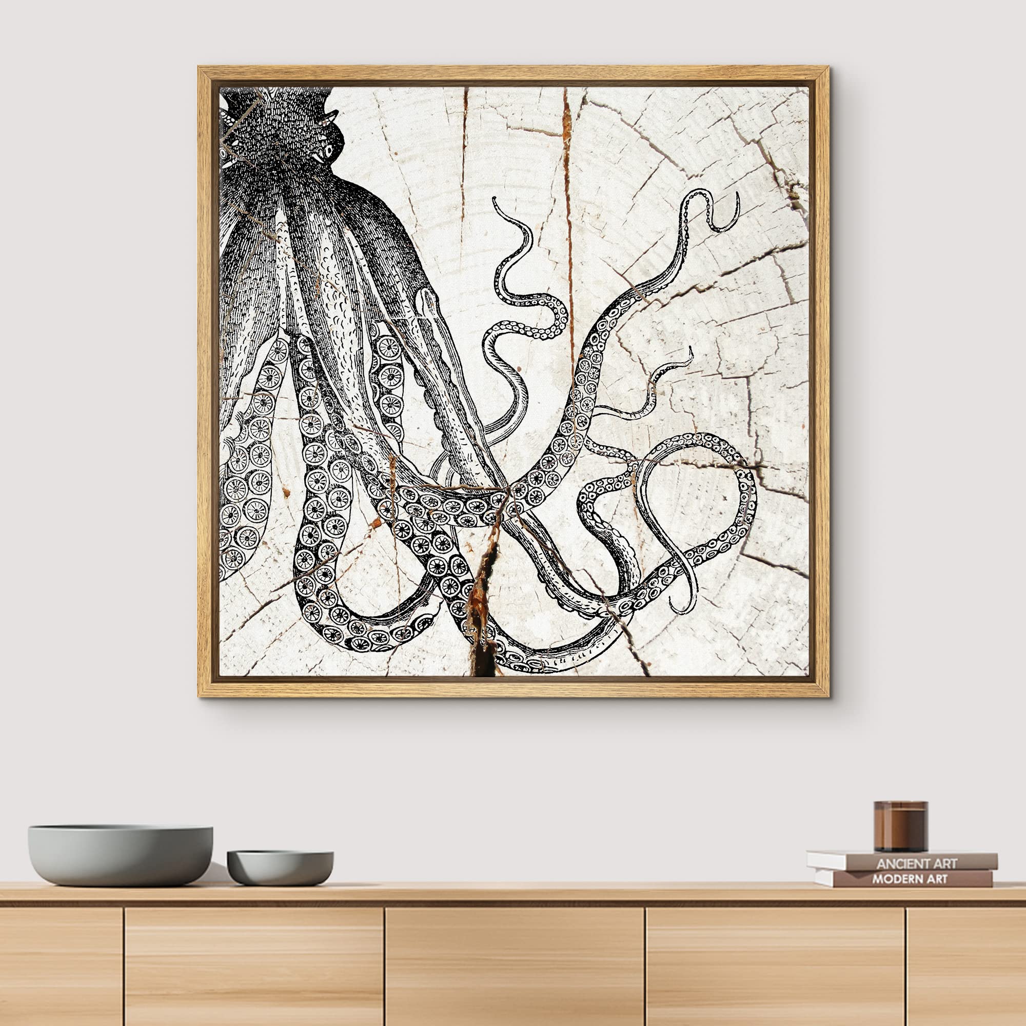 Wall26 Framed Canvas Print Wall Art Wood Ring Effect Cartoon Octopus Animals Wildlife Wood Modern Art Farmhouse/Country Expressi