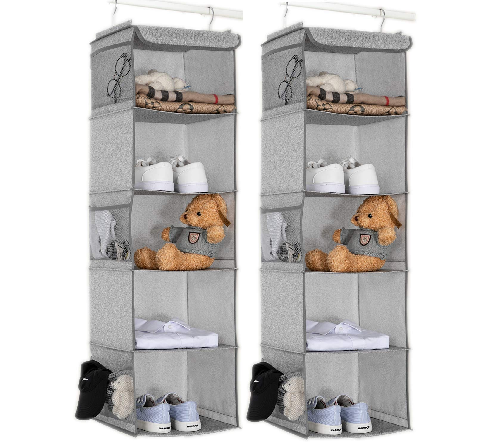 Brilliantjo 5 Shelves Hanging Closet Organizer, 2 Pack Hanging Storage With 6 Side Pockets For Clothes Bags, 43''X12''X12''(Ligh