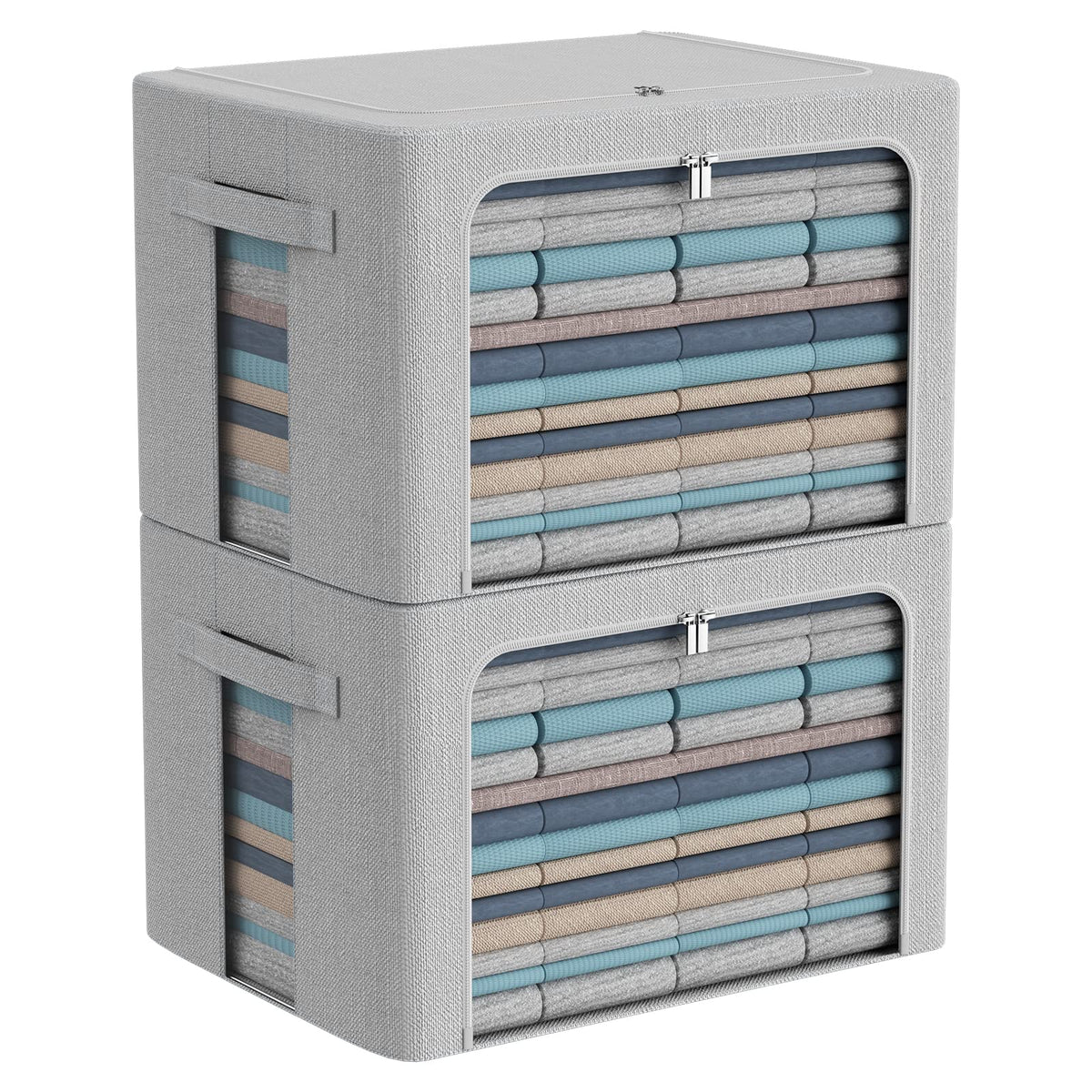 2Pack Extra Large Clothes Storage Bins Box - Linen Fabric Foldable Stackable Container Organizer Set with Clear Window & Carry H