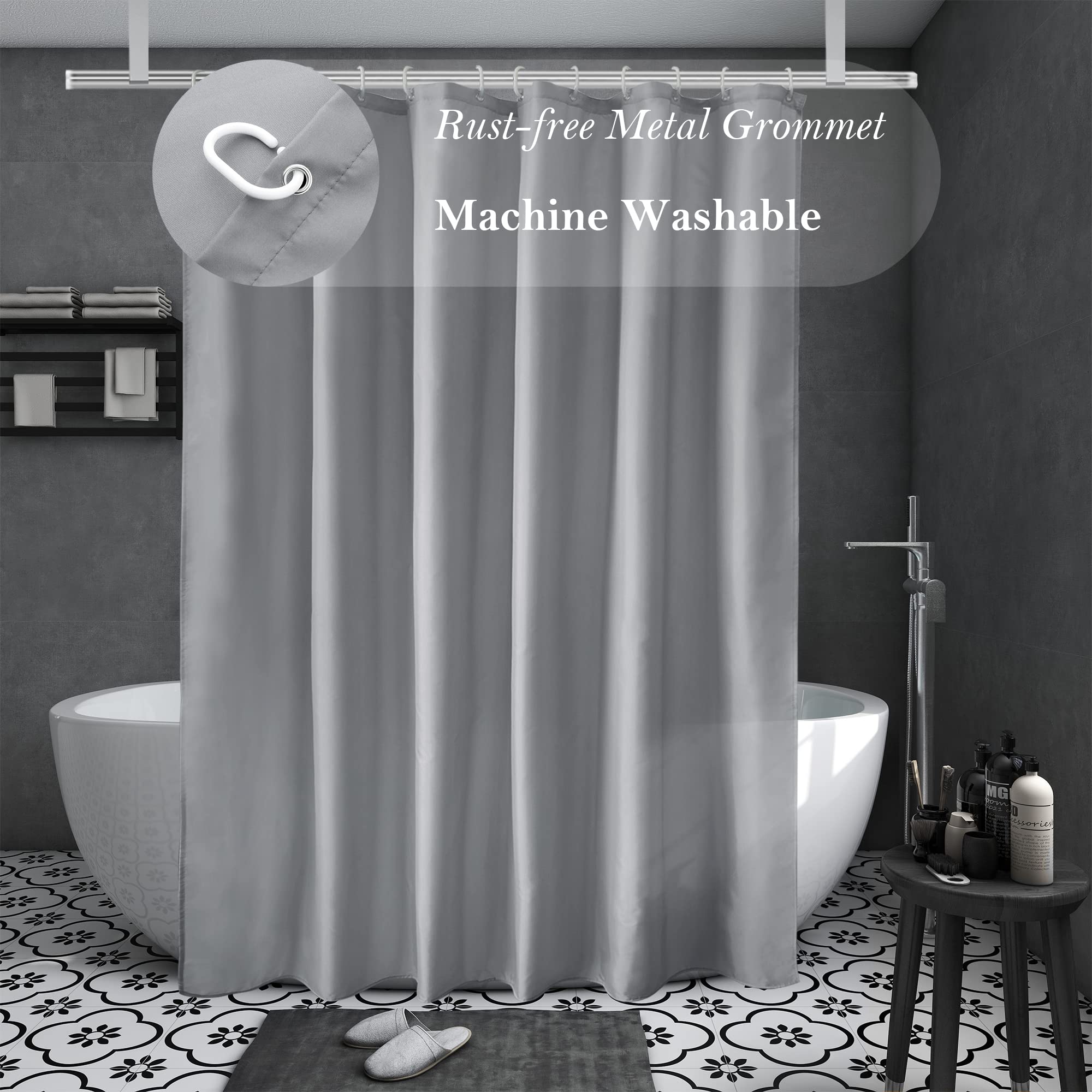 AooHome Extra Long Shower Curtain Liner  Fabric Shower Curtain with Hooks for Hotel  Waterproof  72 Width x 84 Height Inch  Light Grey