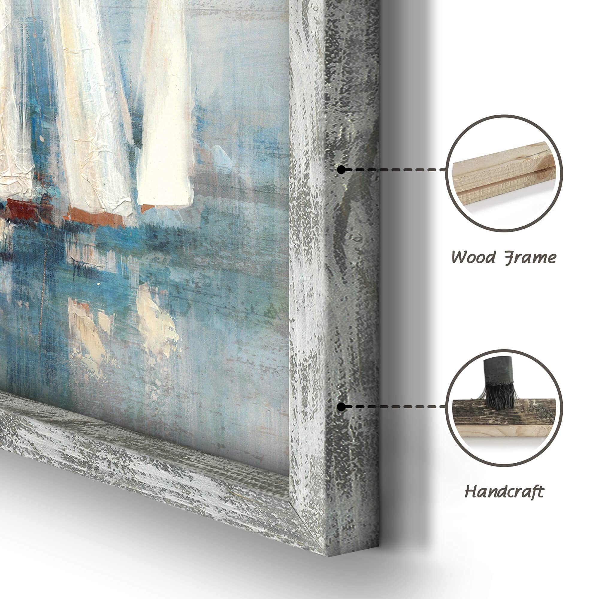 Seascape Framed Painting Wall Art: Abstract Ocean Artwork Coastal Picture Sailboat Prints On Wood In Modern Style For Home Decor