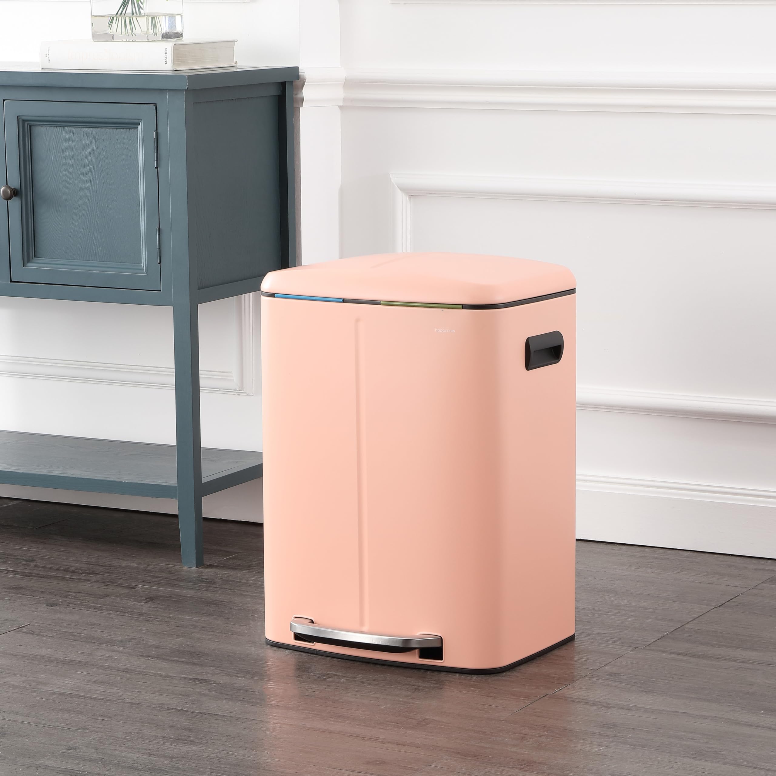 Happimess Hpm1005G Marco Rectangular 10.6-Gallon Double Bucket Trash Can With Soft-Close Lid, Flamingo Pink, Fingerprint Resista