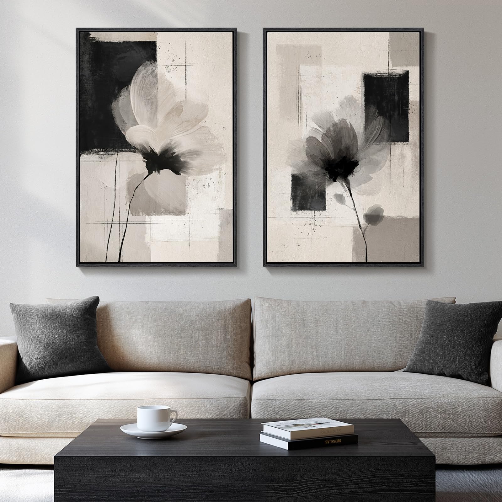 Large Framed Neutral Abstract Floral Wall Art, Set Of 2 Black And Beige Modern Canvas Prints Paintings Artwork For Walls, Minima