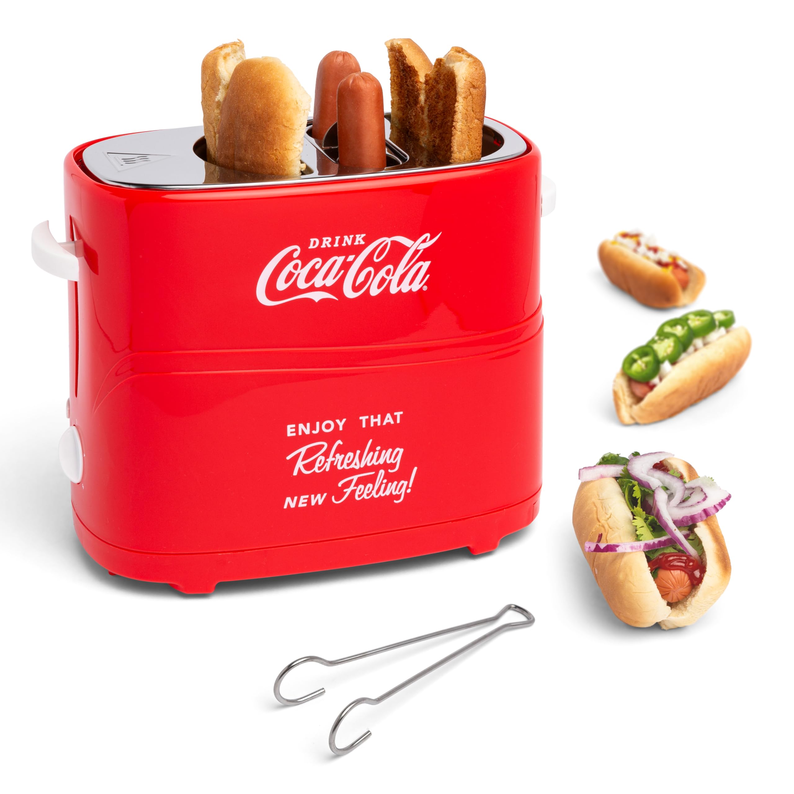 Nostalgia Coca-Cola 2 Slot Bun Mini Tongs, Hot Dog Toaster Works with Chicken, Turkey, Veggie Links, Sausages and Brats, Retro R