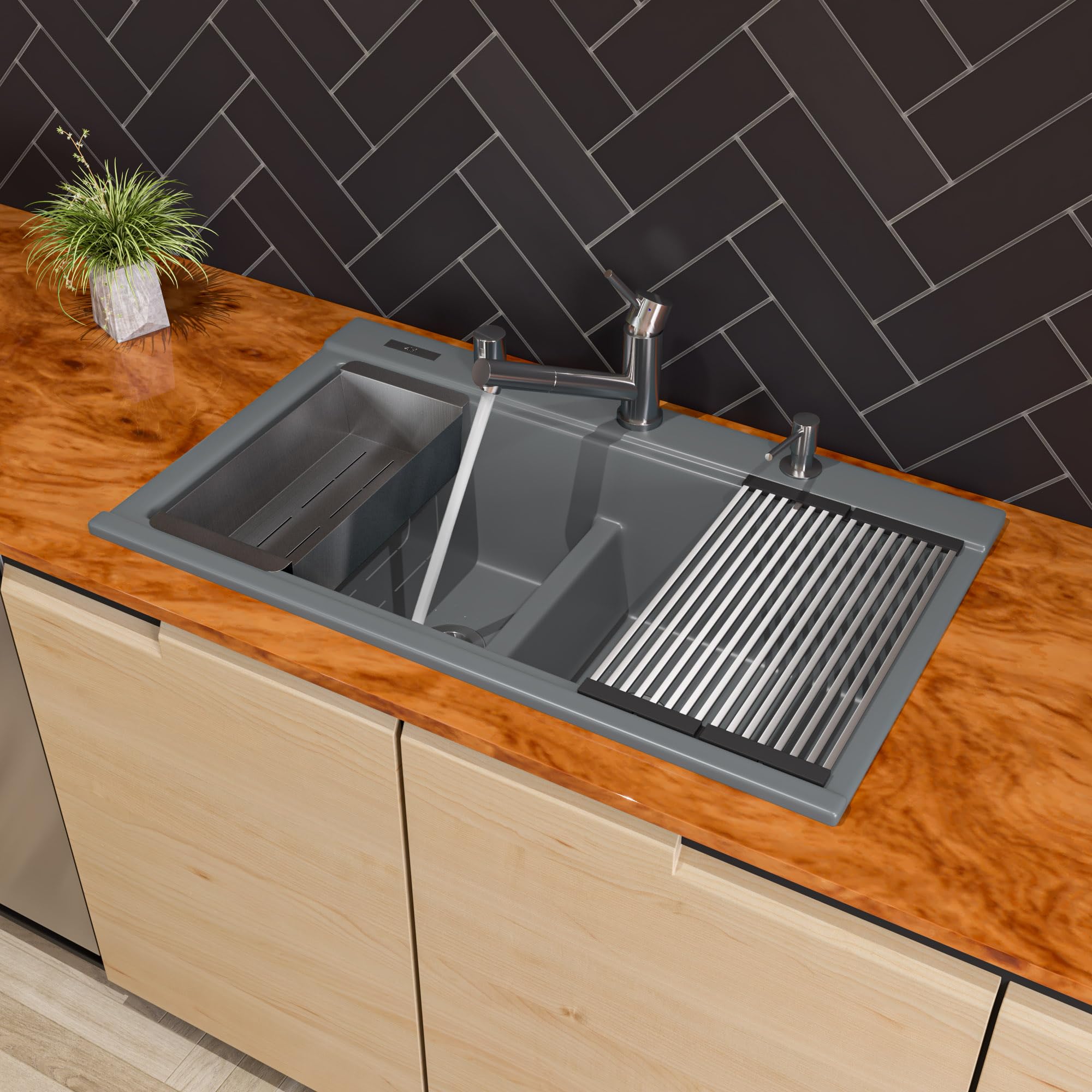 Alfi Brand Ab3418Dbdi-T Titanium 33'' Granite Composite Workstation Step Rim Double Bowl Drop In Sink With Accessories