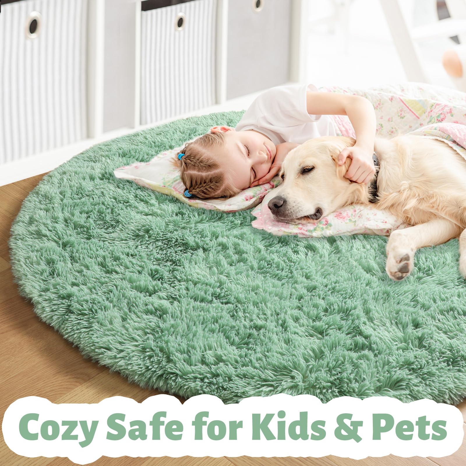 Amdrebio Sage Green Round Rug 6Ft for Living Room Bedroom, Fluffy Furry Circle Rugs for Nursery, Classroom, Baby Kids Room Decor