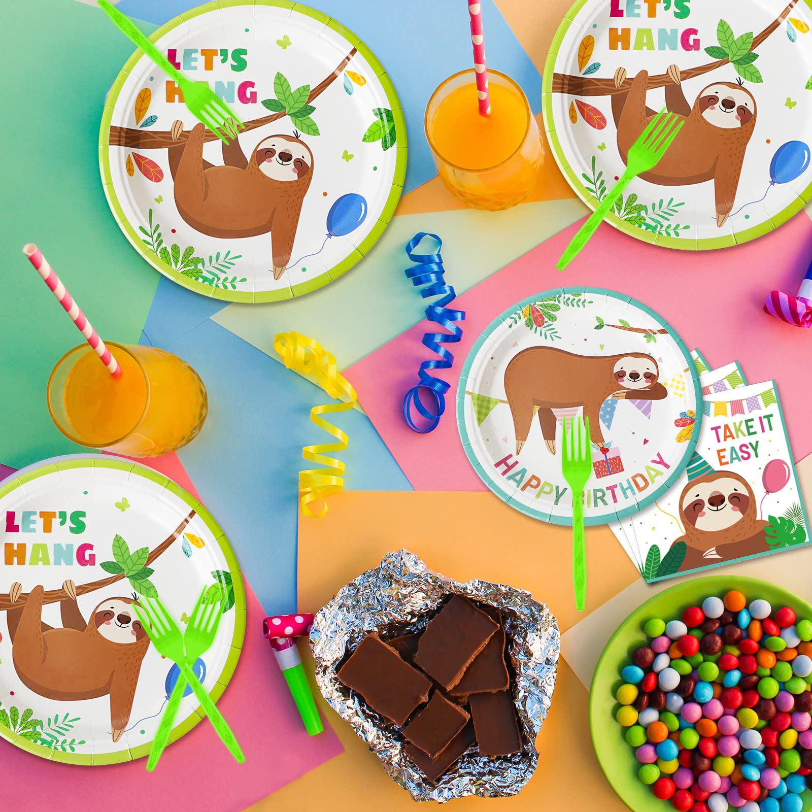 96 Pcs Sloth Animal Party Supplies Sloth Birthday Party Tableware Set Sloth Hanging Decorations Kids Sloth Themed Baby Shower Bi
