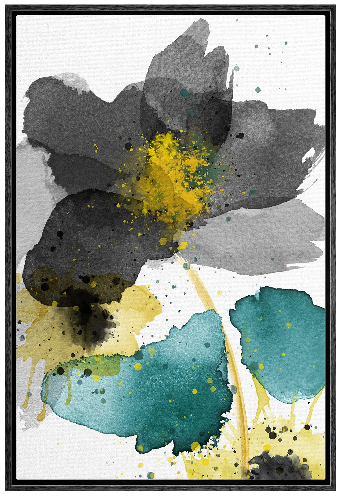 Wall26 Framed Canvas Print Wall Art Watercolor Explosion Black & Green Daisies Floral Botanical Illustrations Minimalism Glam Mu