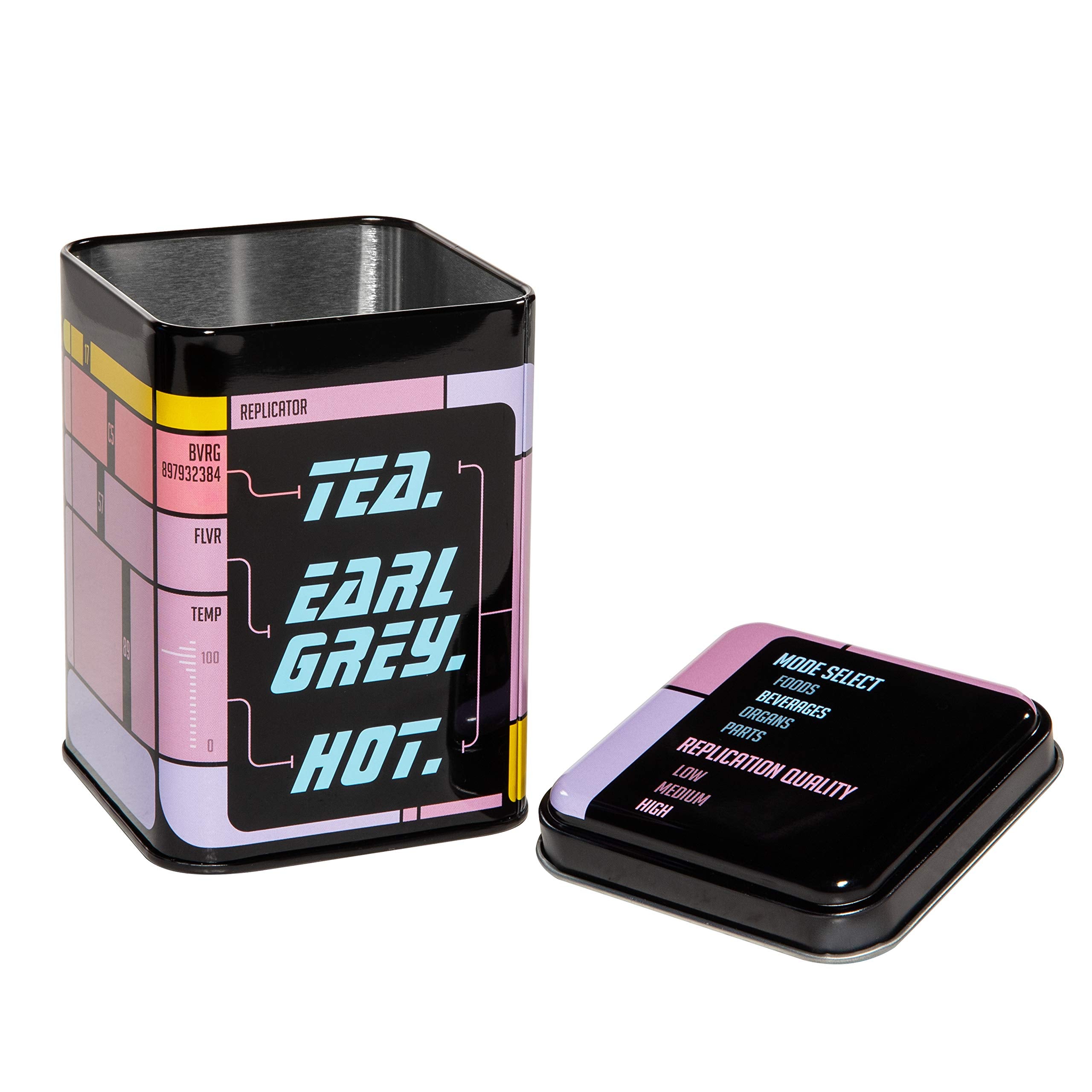 Getdigital Tea Tin, Tea. Earl Grey. Hot. - Metal Caddy With Lid For Loose Leaf Tea Storage - Shows The Replicator Interface From