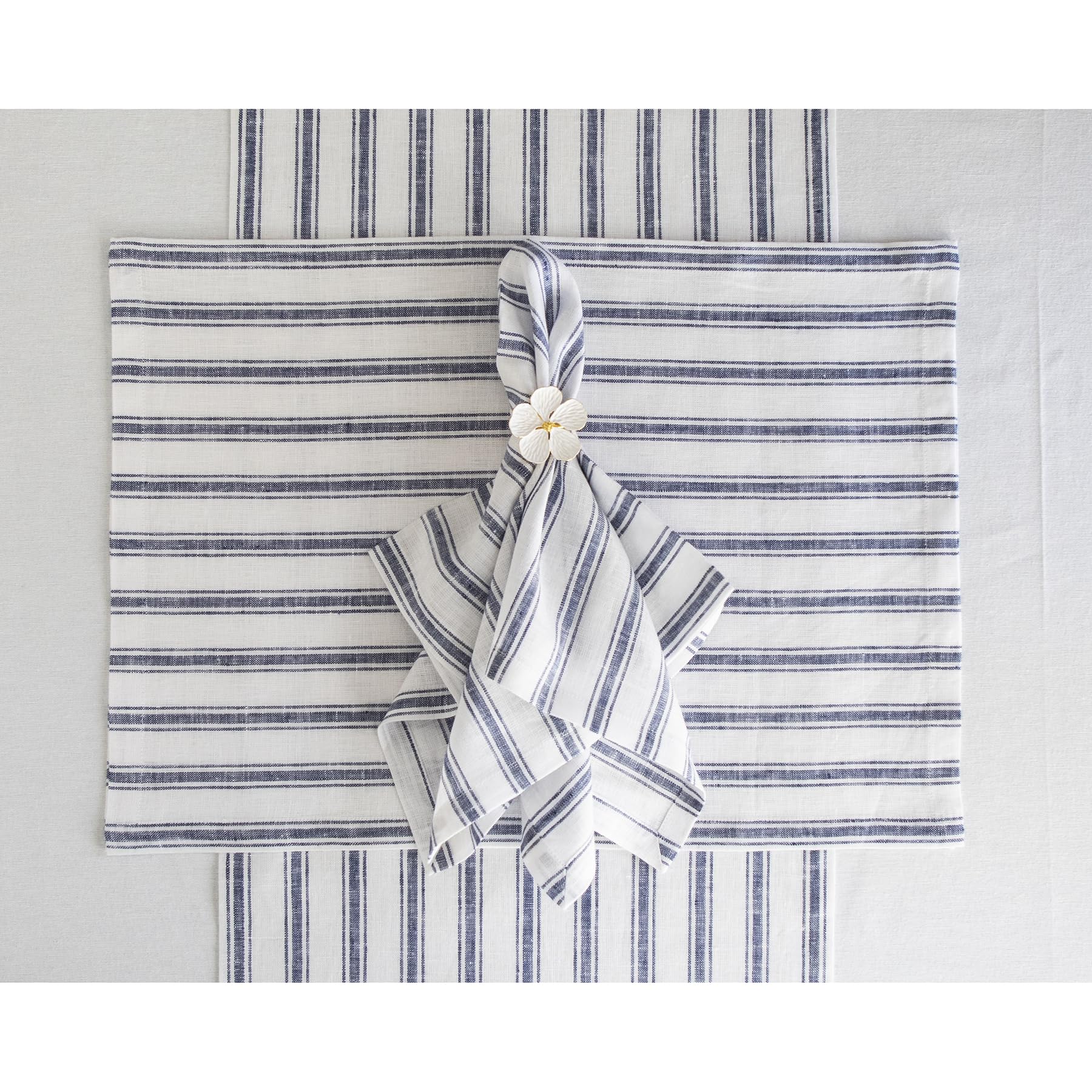 Solino Home Stripe Linen Placemats 19'' L X 14'' W Inch - 100% Pure Linen Navy And White Cloth Placemats Set Of 6 - Capri Tickin