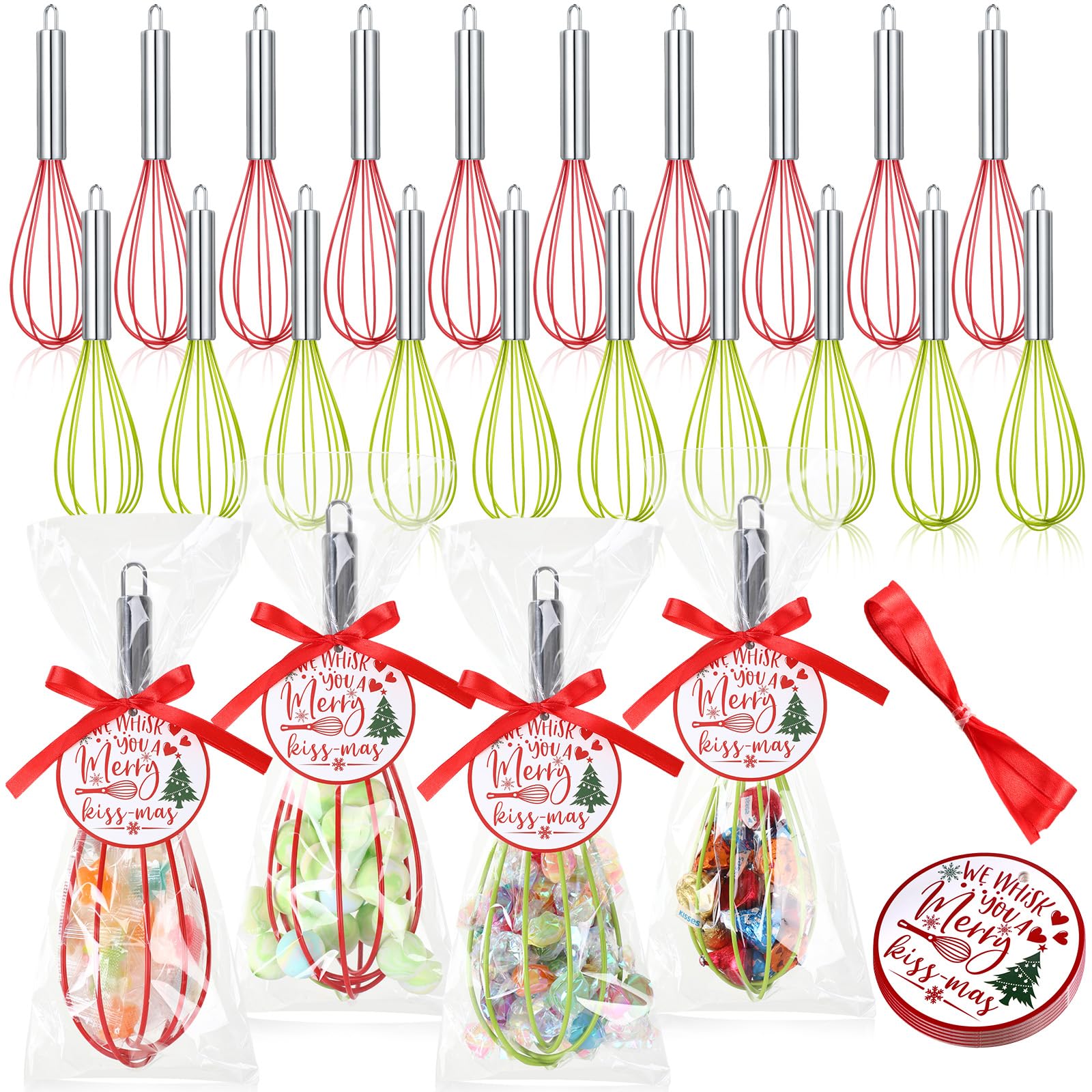 FoldTier 24 Sets 8 Inch Christmas Whisks Gifts DIY Fillable Christmas Tree Ornaments Xmas Colored Silicone Whisks for Cooking He