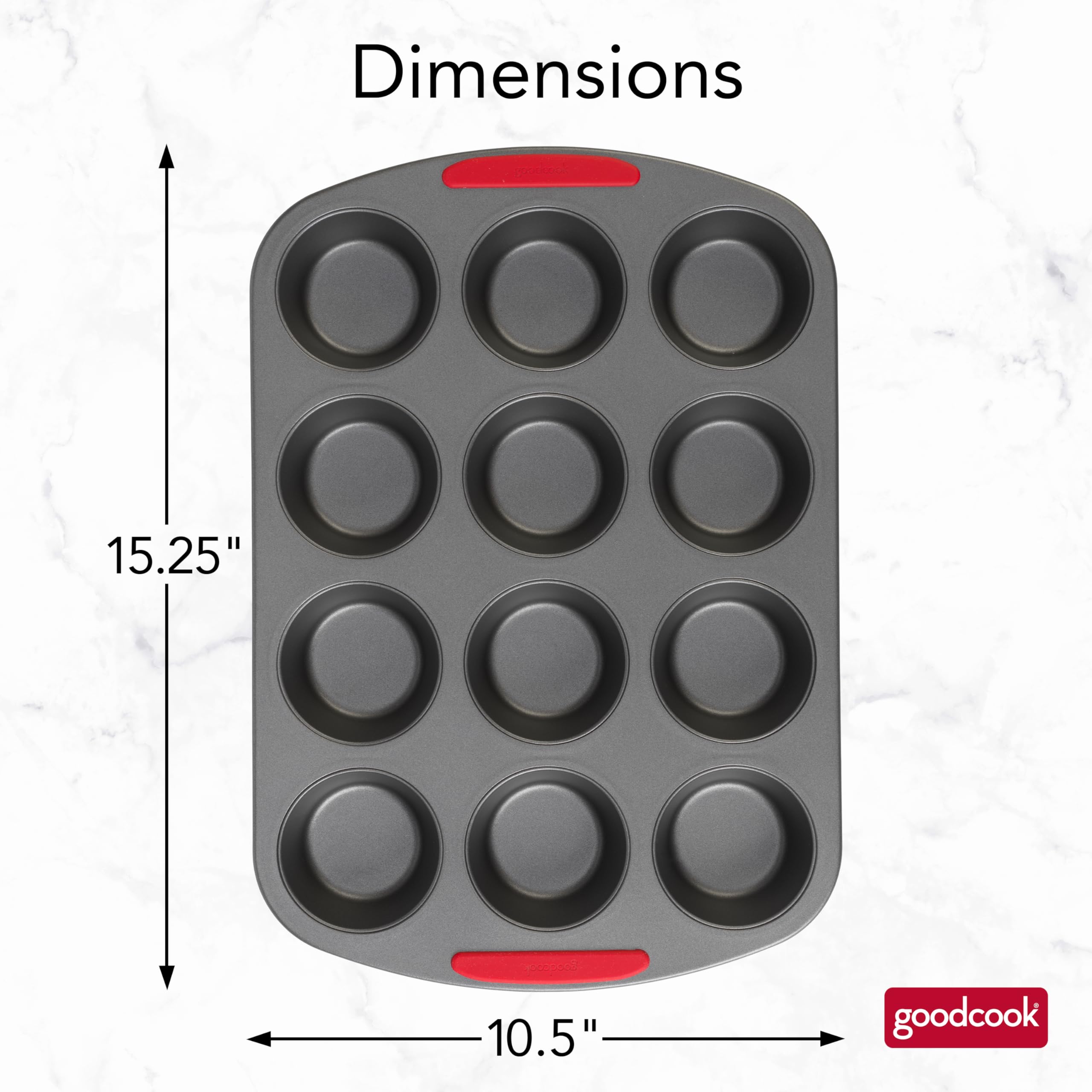 Goodcook Megagrip 12-Cup Nonstick Steel Cupcake And Muffin Pan With Silicone Grip Handles, Gray