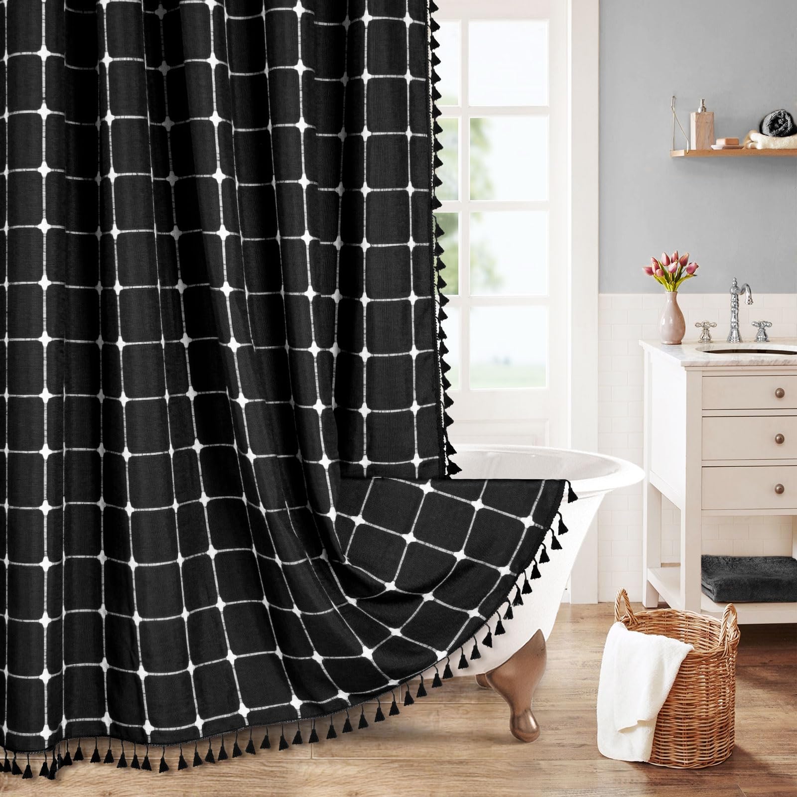 MitoVilla Black Boho Extra Long Shower Curtain 72 x 84, Modern Farmhouse 84 inch XL Cotton Linen Texture Tassel Fabric Shower Cu
