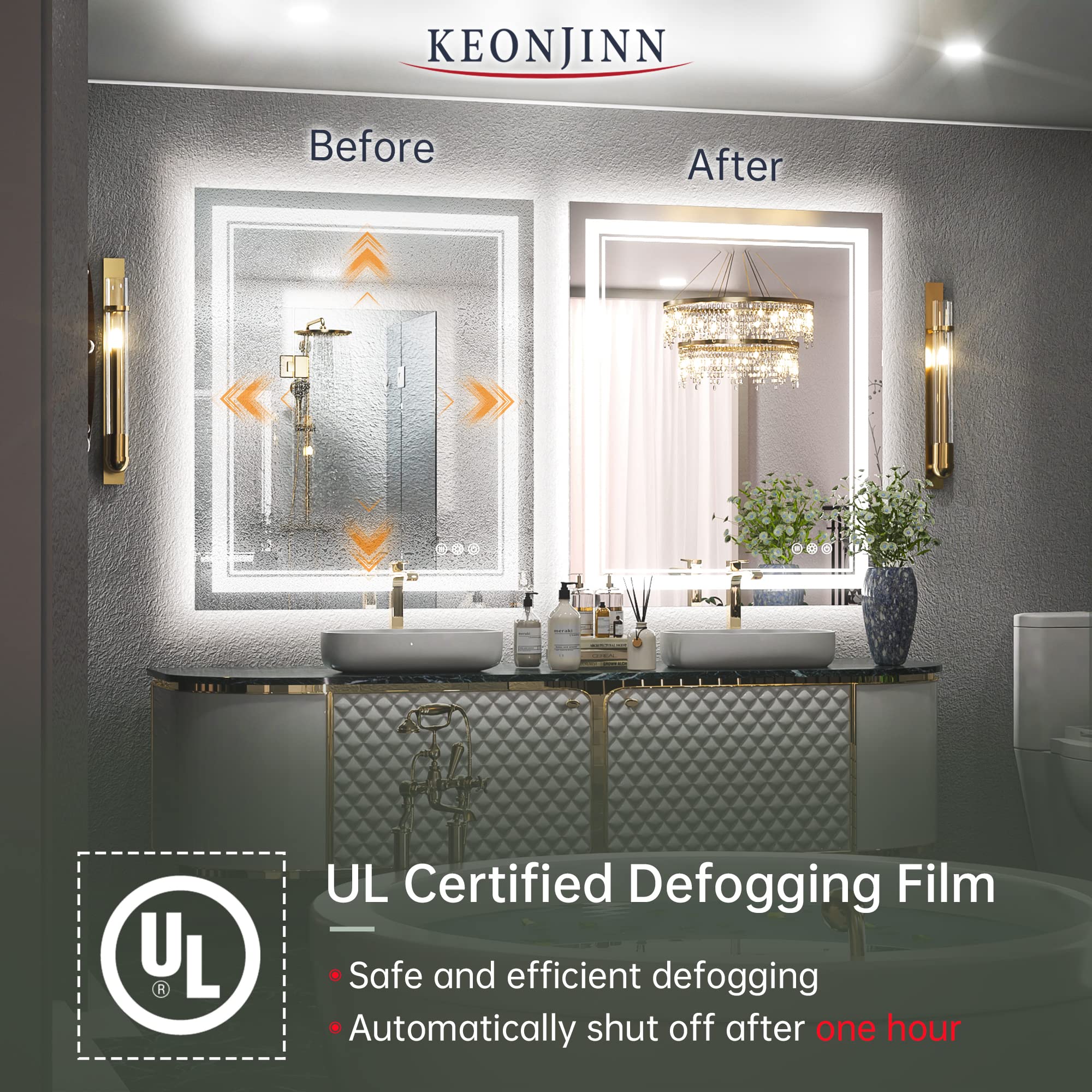 Keonjinn Led Bathroom Mirror 30 X 36 Inch With Front And Back Light, Stepless 3 Colors Temperature & Dimmable Backlit Mirror, Ul