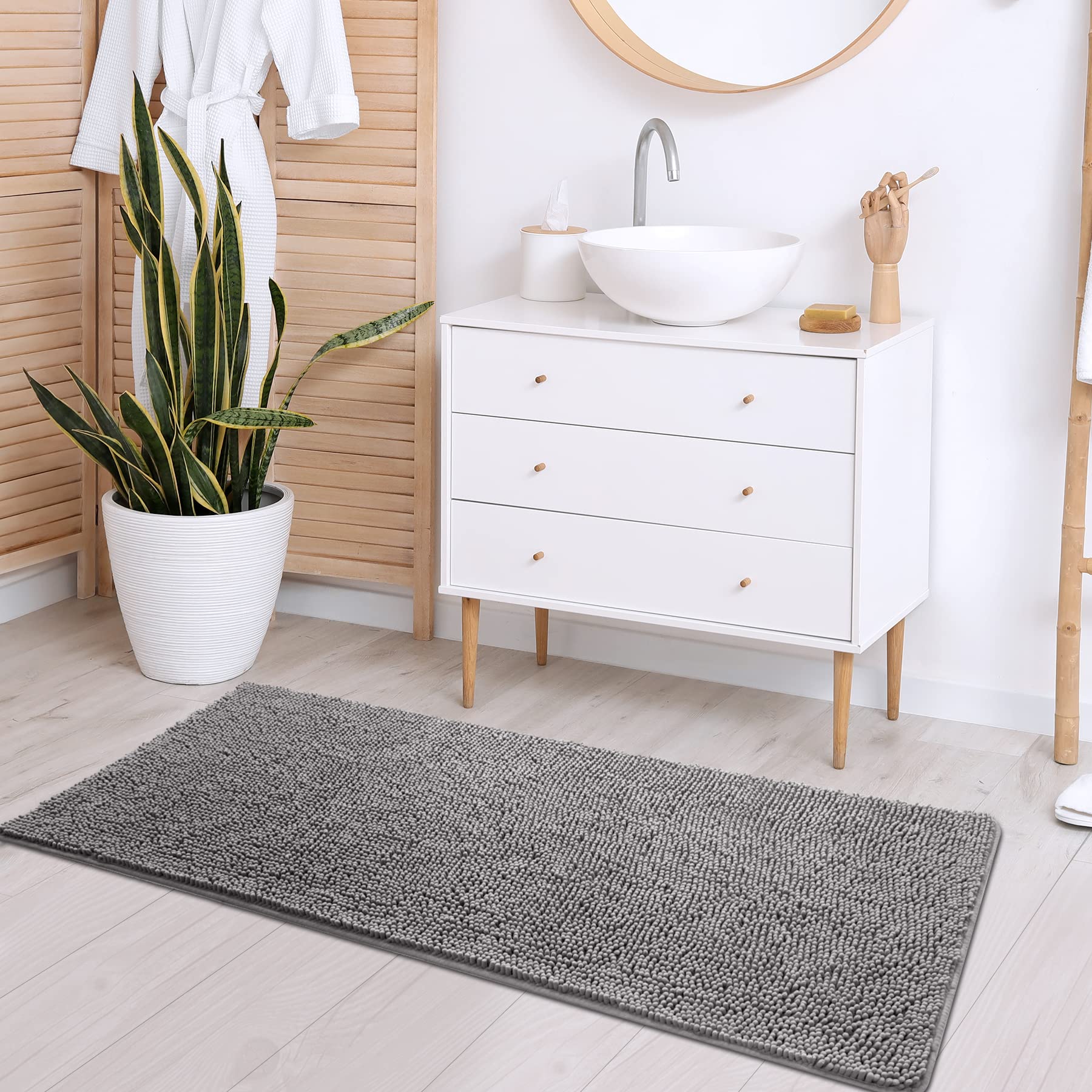 Noahas 24 ' 'x60 ' ' Grey Long Bathroom Rugs Runner Absorbent Bath Mats for Bathroom Non-Slip Washable Carpet Soft Plush Chenille Shower Mats for Bathroom Shaggy Durable Bath Rugs with Rubber Backing
