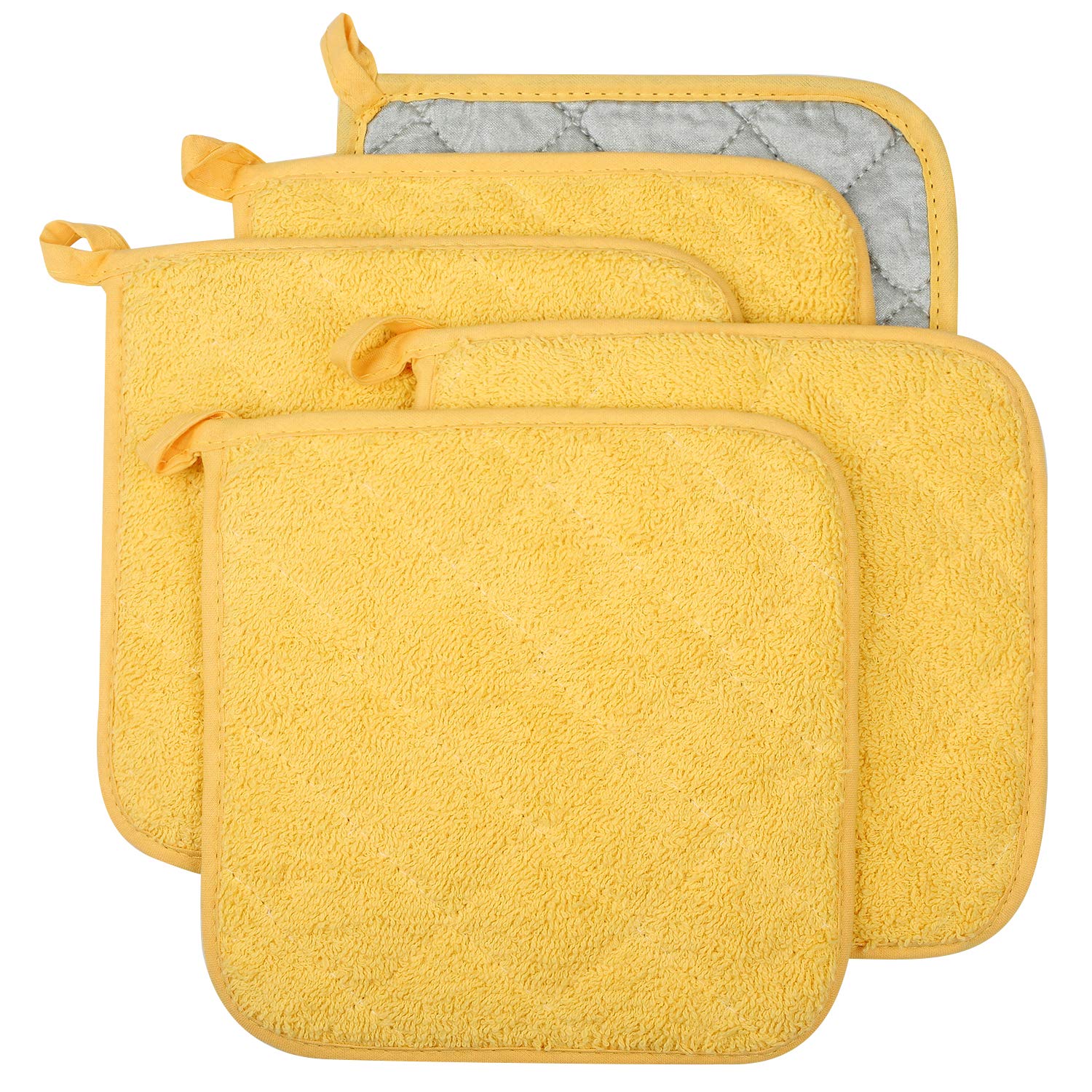 100% Cotton Kitchen Everyday Basic Terry Pot Holder Heat Resistant Coaster Potholder for Cooking and Baking Set of 5 Yellow
