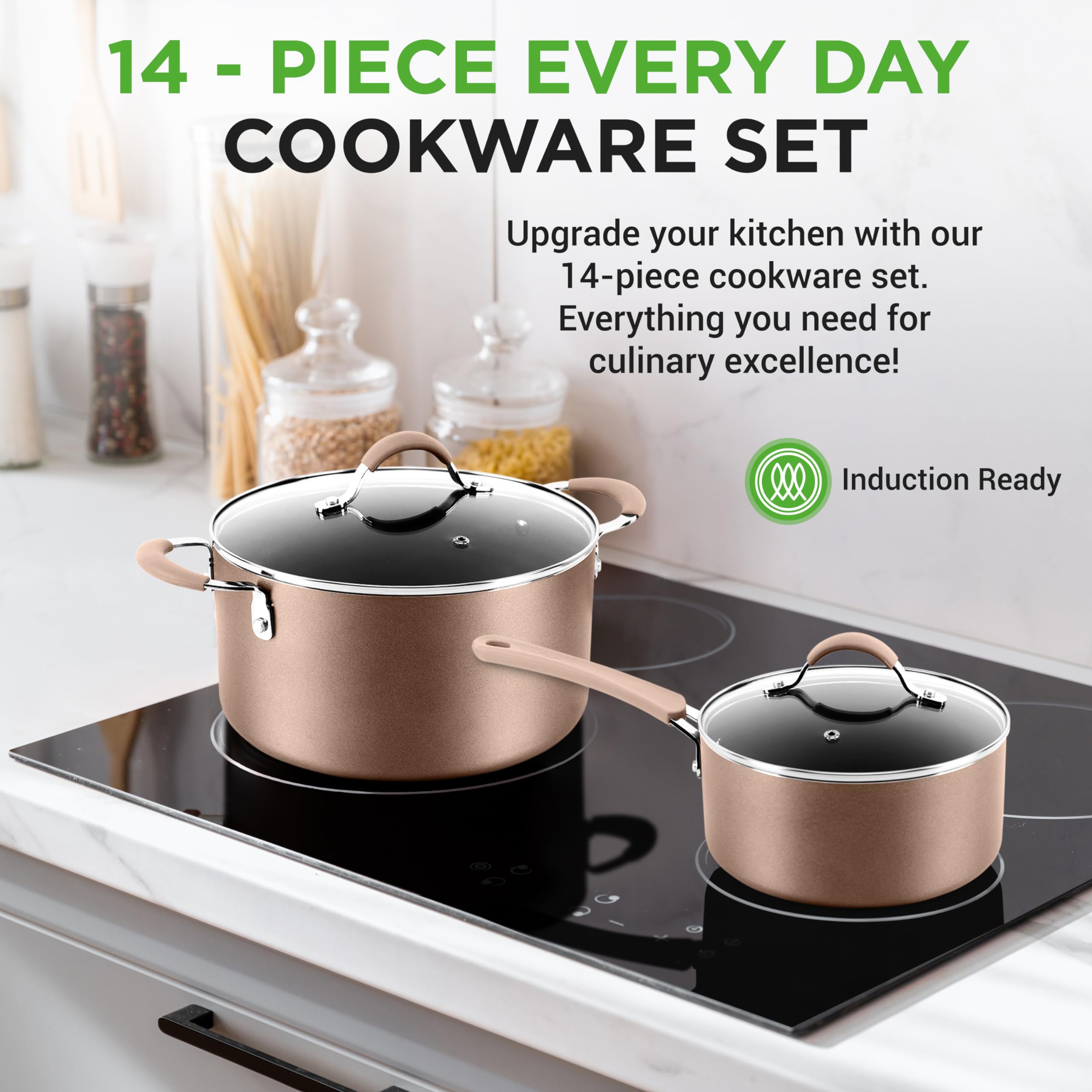 NutriChef 14-Piece Nonstick Cookware PFOA/PFOS-Free Heat Resistant Lacquer Kitchen Ware Set w/Saucepan, Frying Pans, Cooking, Du