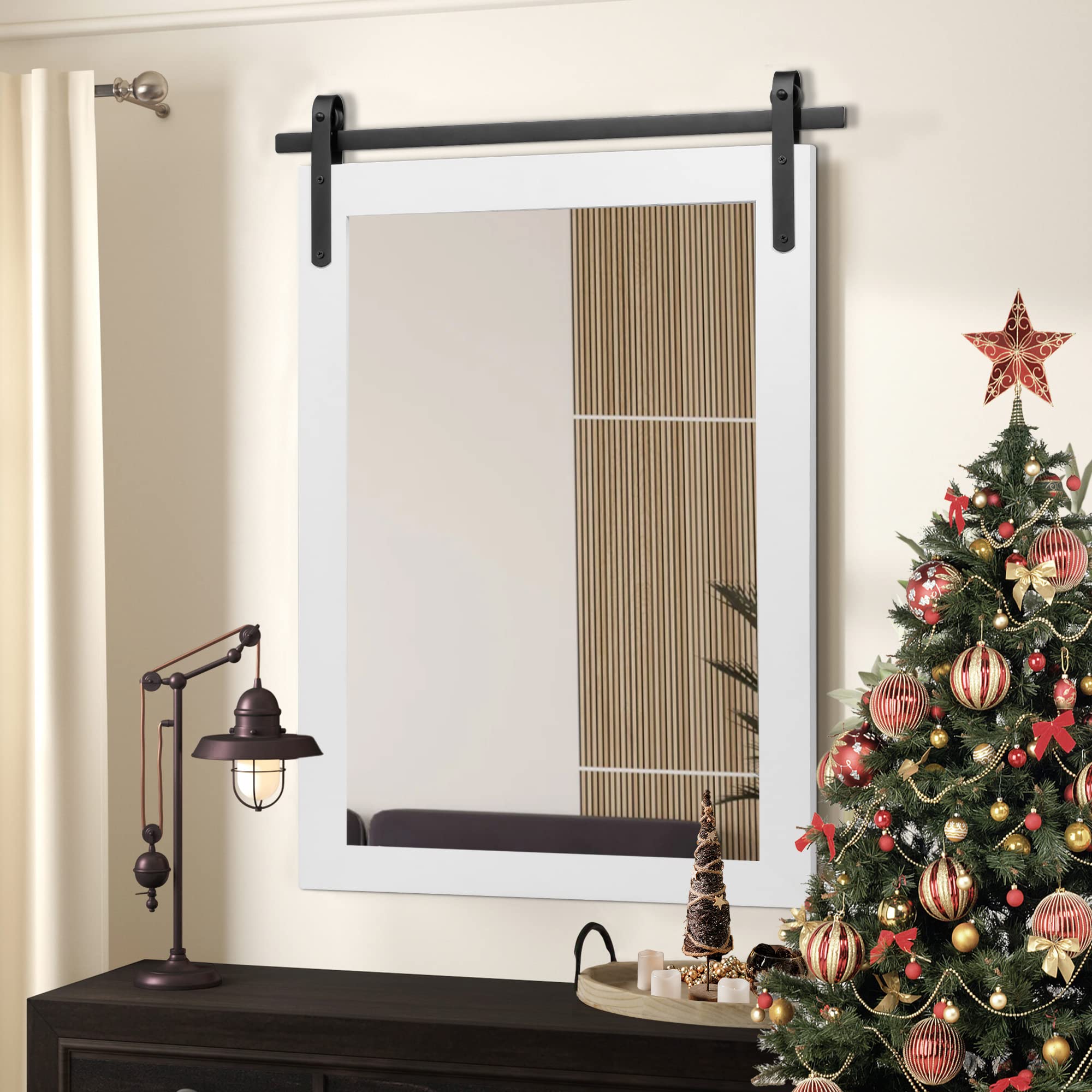Farmhouse Bathroom Mirror, White Rustic Square Mirror for Wall Wood Framed Vanity Mirrors, Barn Door Style Decor Living Room Ent