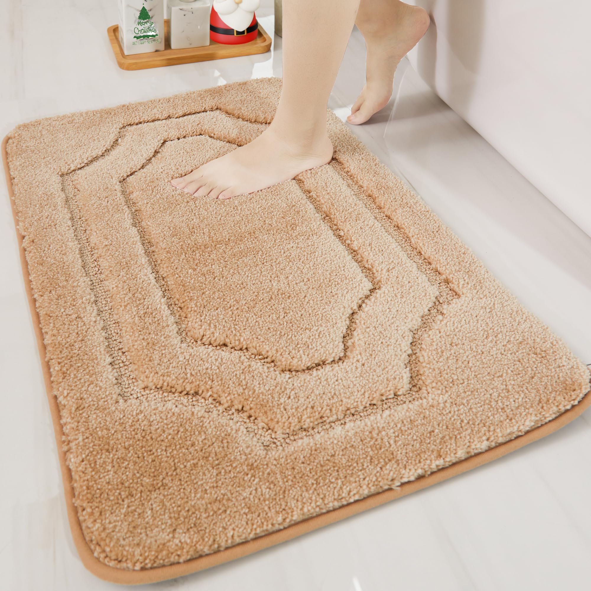 BEQHAUSE-Bathroom-Rug-Non Slip-Bath Mat-Soft and Absorbent-Shower Mat-Polyester Bath Mats for Bathroom Machine Washable Bathroom Rugs Beige Bathroom Rug for Shower Sink Bathtub 20''x32''