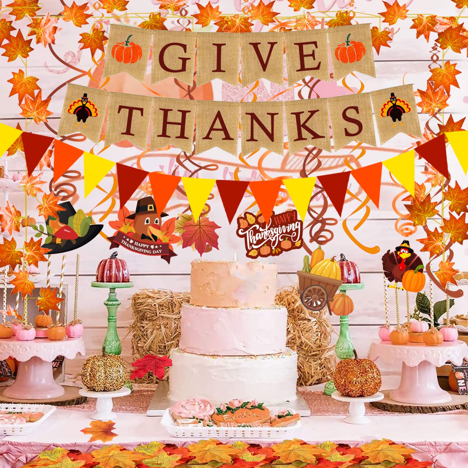 Famoby Give Thanks Burlap Banner Paper Triangular Bunting Maple Leaf Garland Plastic Streamer For Autumn Harvest Thanksgiving Da