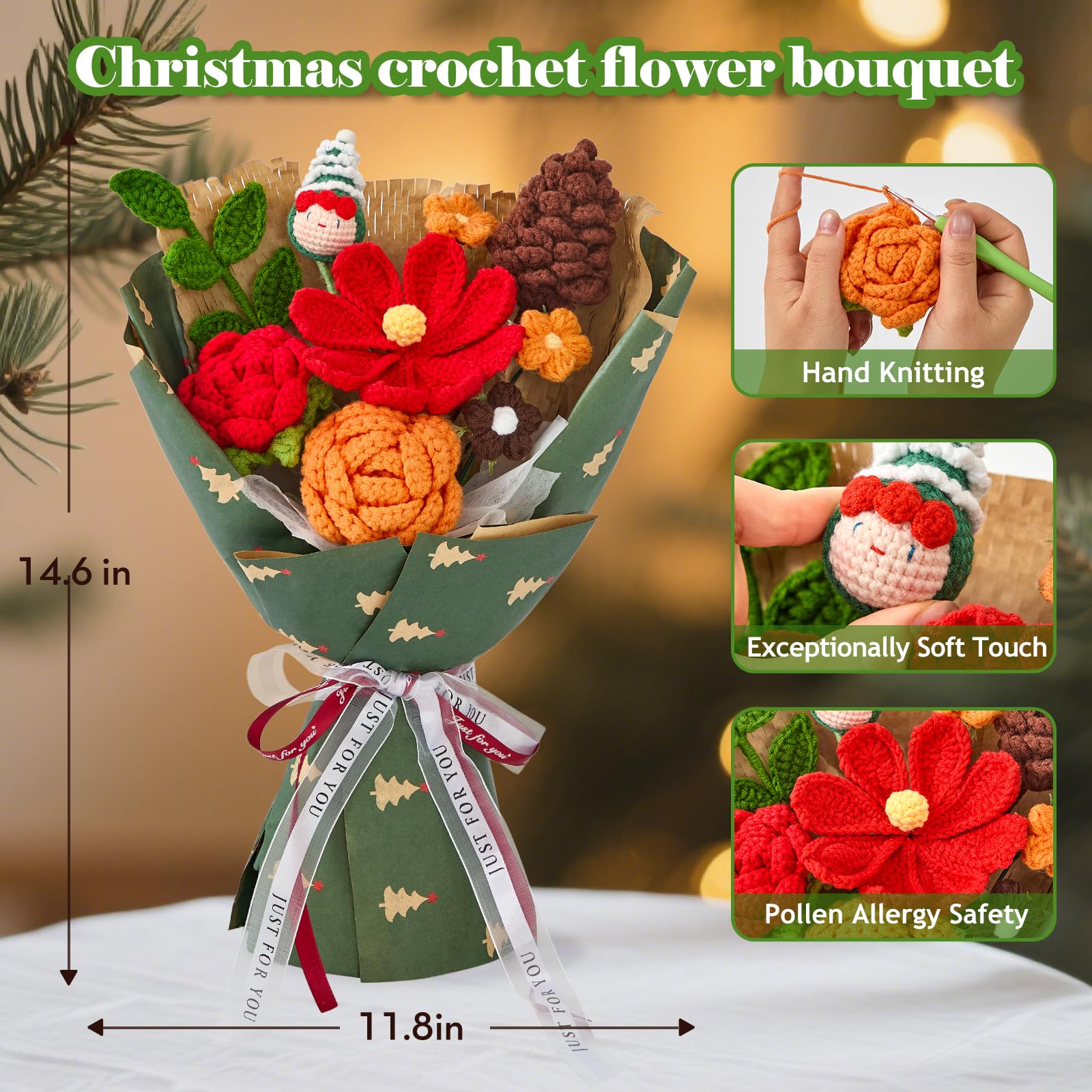 Alecono Crochet Flower Bouquet, Christmas Knitted Flowers, Green Completed Handmade Flower for Lover Anniversary Birthday Party