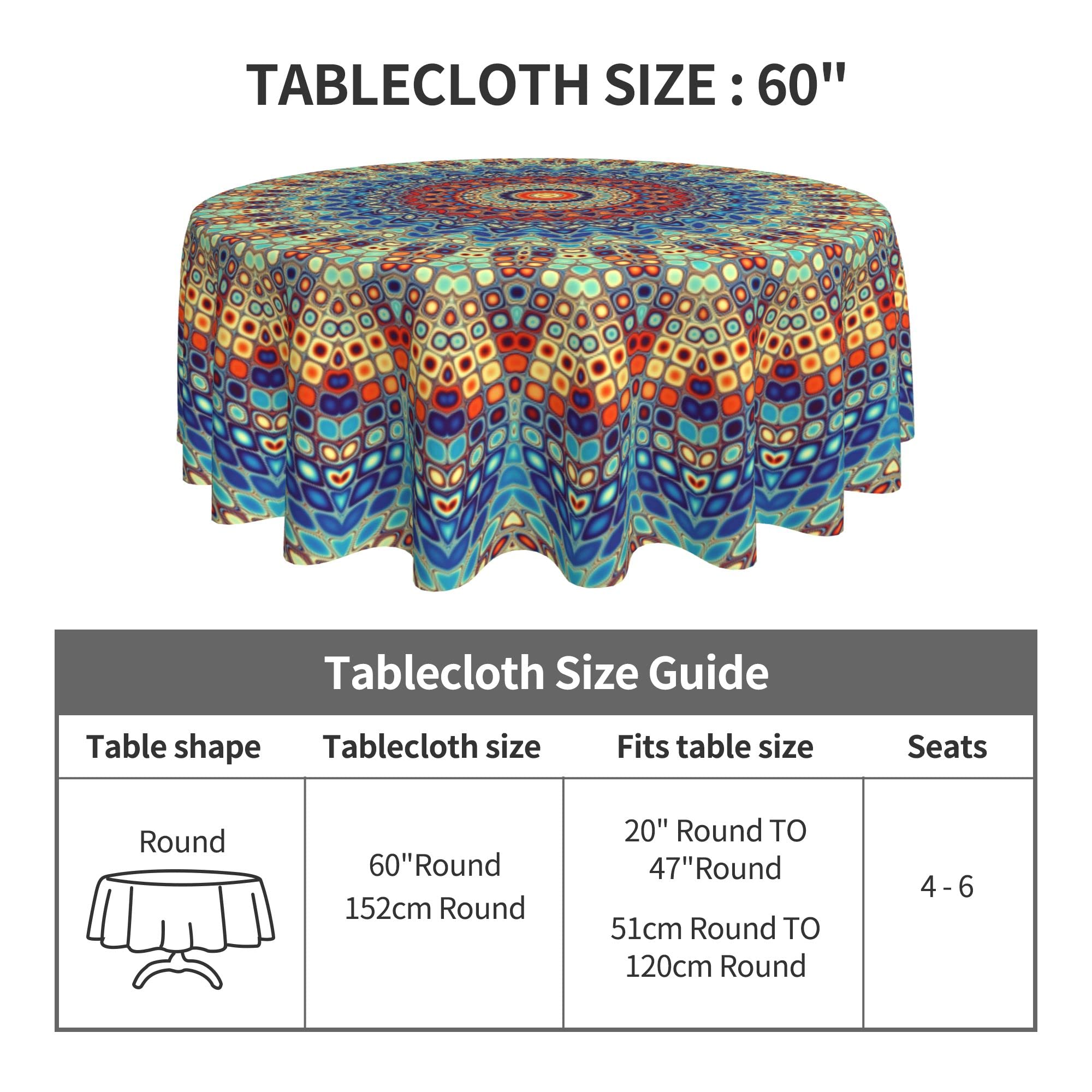 Boho Round Tablecloth 60 Inch, Bohemian Circle Table Cloth, Stain Resistance, Water Repellent And Wrinkle-Free, Colorful Tablecl