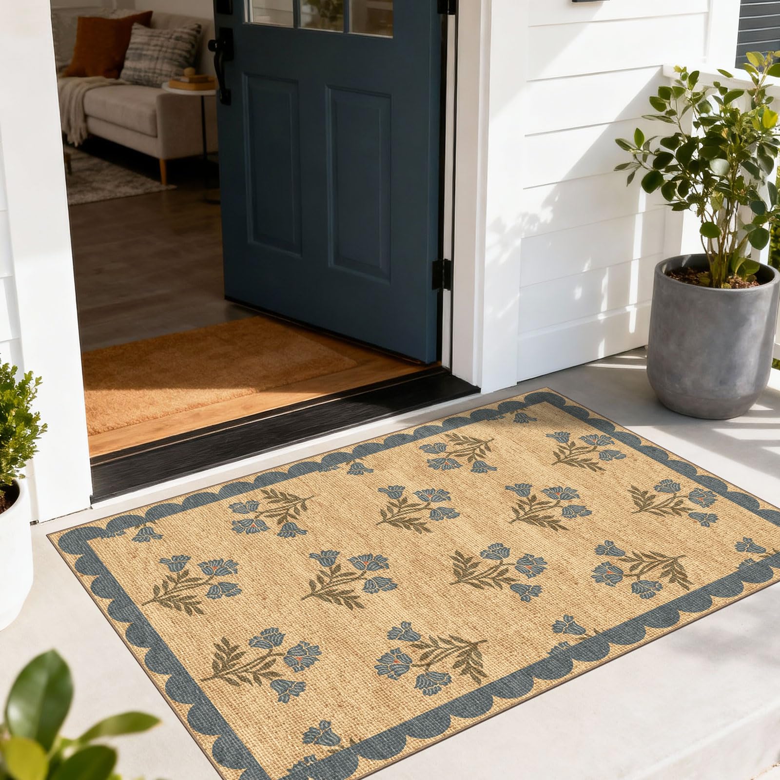 Othilic Floral Outdoor Rug - 28 x 43 Front Door Mat Indoor Outside Entrance Non-Slip Washable Outdoor Mat Jute-Look Blue Scallop