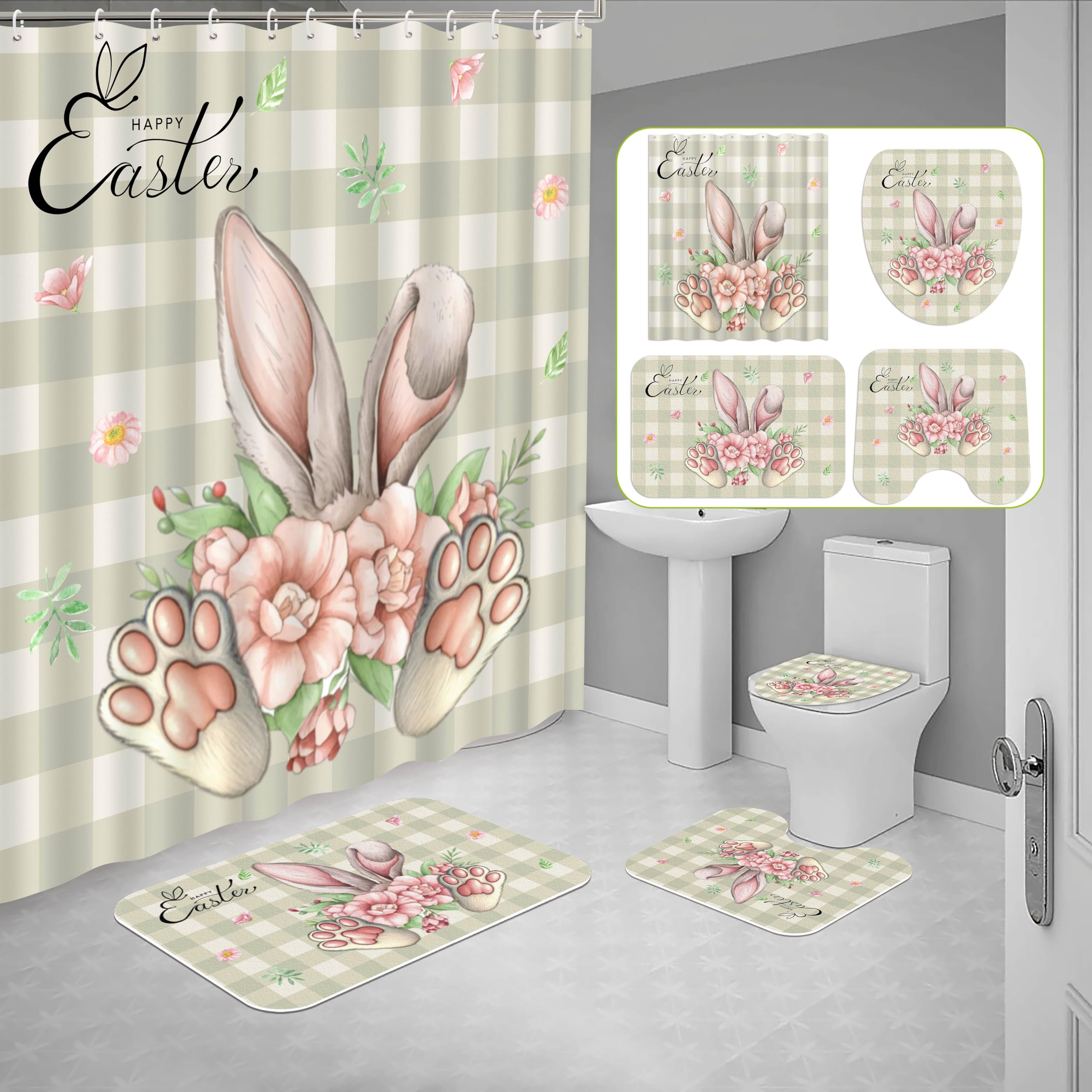 Tieshankao 4Pcs Easter Shower Curtain Bathroom Set - Bunny Non Slip Rugs Toilet Lid Cover Bath Mat With 12 Hooks Decor