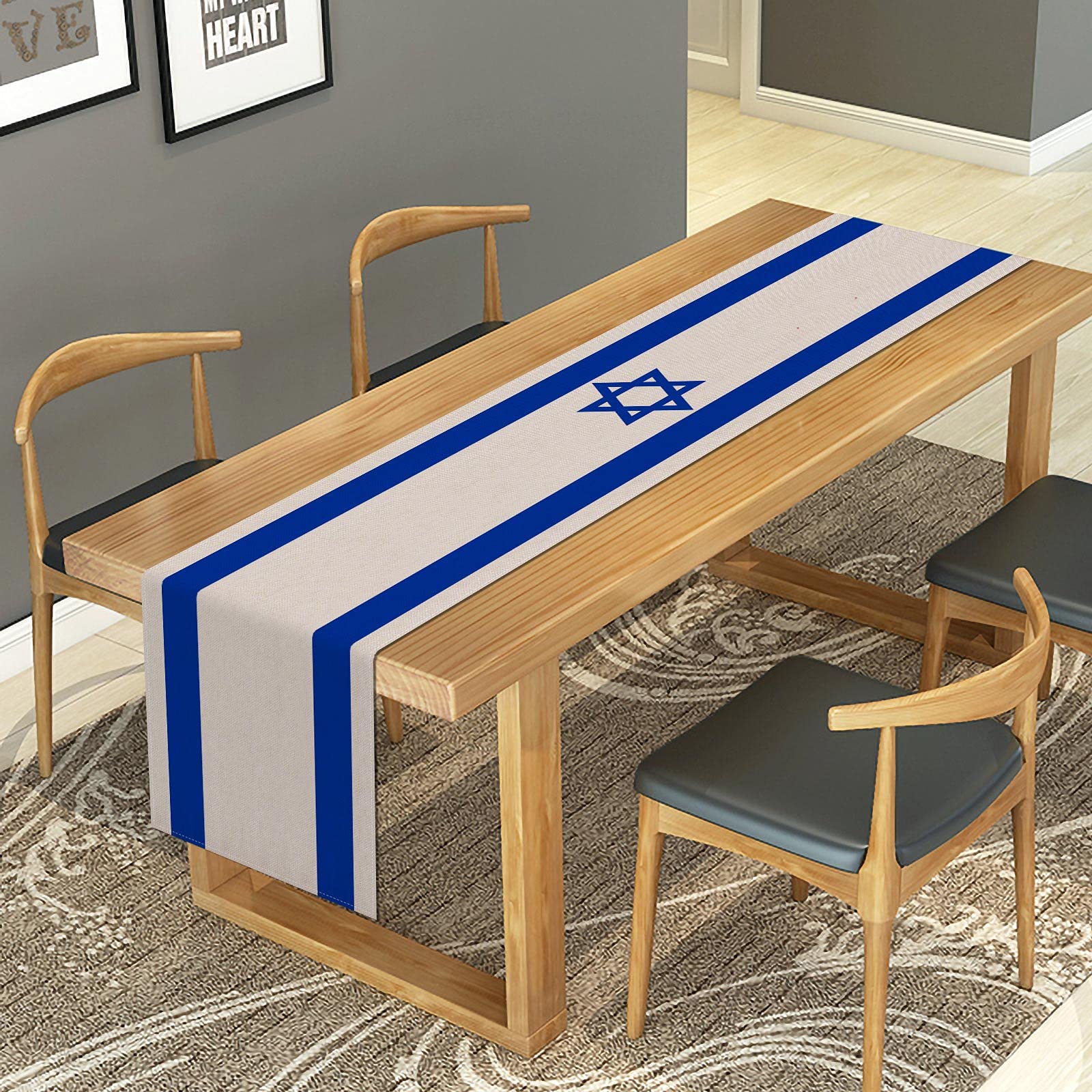 Linen Israel Flag Table Runner Jewish Table Decoration For Passover Rosh Hashanah Sukkot Sukkah Kitchen Dinning Room Party Decor