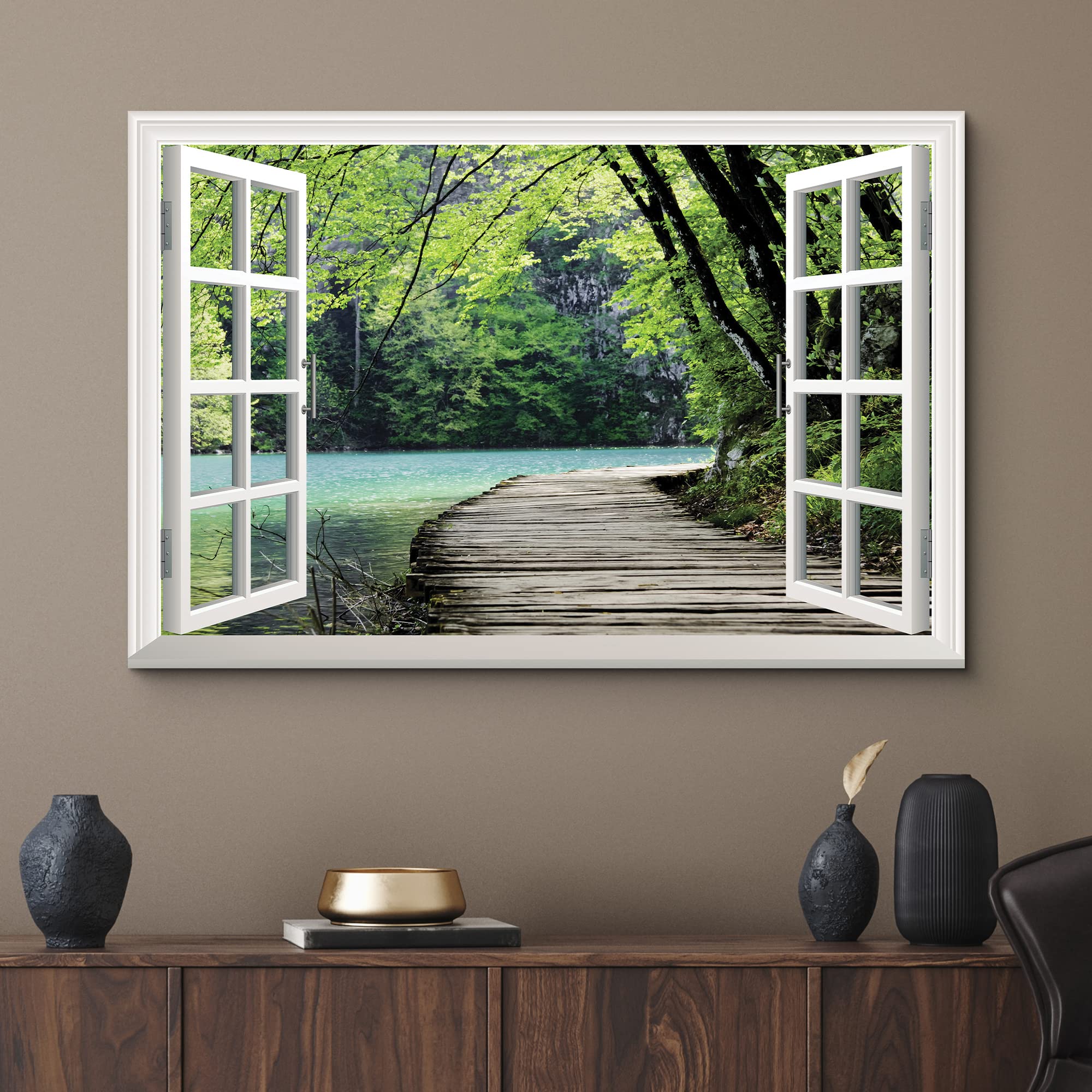Wall26 - Modern White Window Looking Out Into A Bridge By A Lake Surrounded By Trees - Canvas Art Home Art - 24X36 Inches