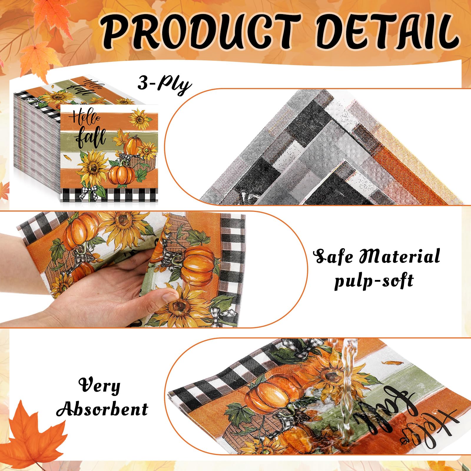 Epakh 200PCS Fall Thanksgiving Disposable Paper Decorative Guest Napkins Pumpkin Sunflower Hand Towel for Lunch Dinner Kitchen B