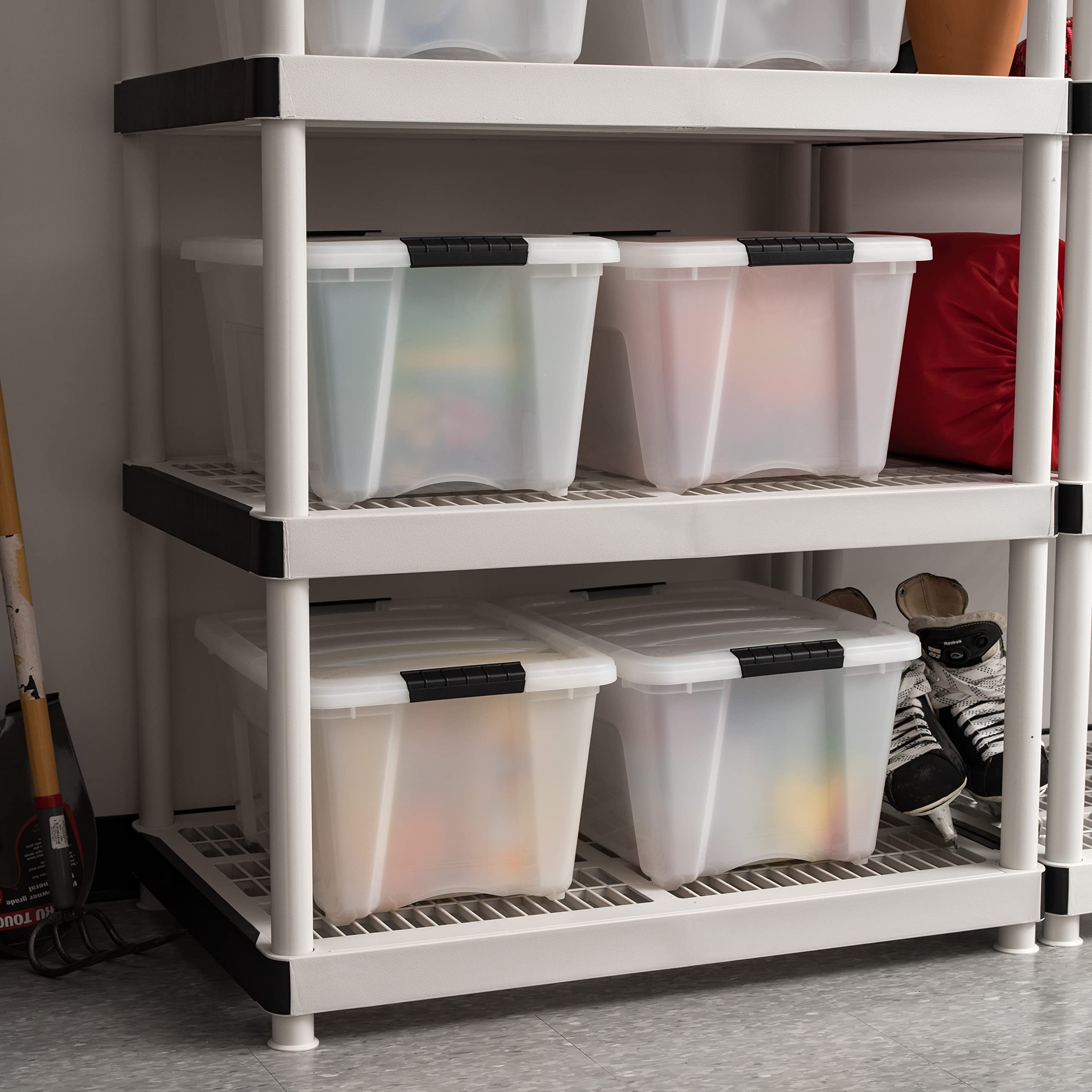 Iris Usa 32 Qt Stackable Plastic Storage Bins With Lids, 4 Pack - Bpa-Free, Made In Usa - Discreet Organizing Solution, Latches,