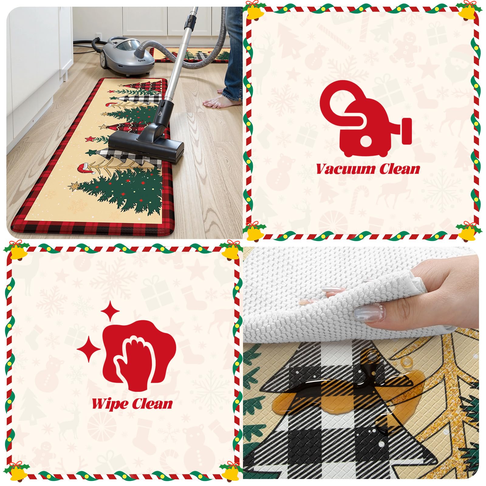 Merry Christmas Xmas Tree Kitchen Mat 2PCS, Anti-Fatigue Cushioned Waterproof Kitchen Mats for Floor Buffalo Plaid Kitchen Rug,